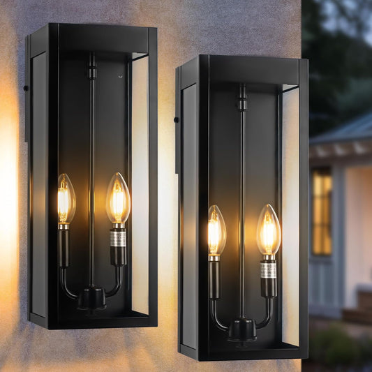 Outdoor Wall Lights 16 Inch Large, 2 Pack Black Modern Exterior Lighting Fixtures Wall Mounted with 2 Candle Light, Waterproof Outside Sconce Coach Garage Lanterns Porch Lamps for House E12