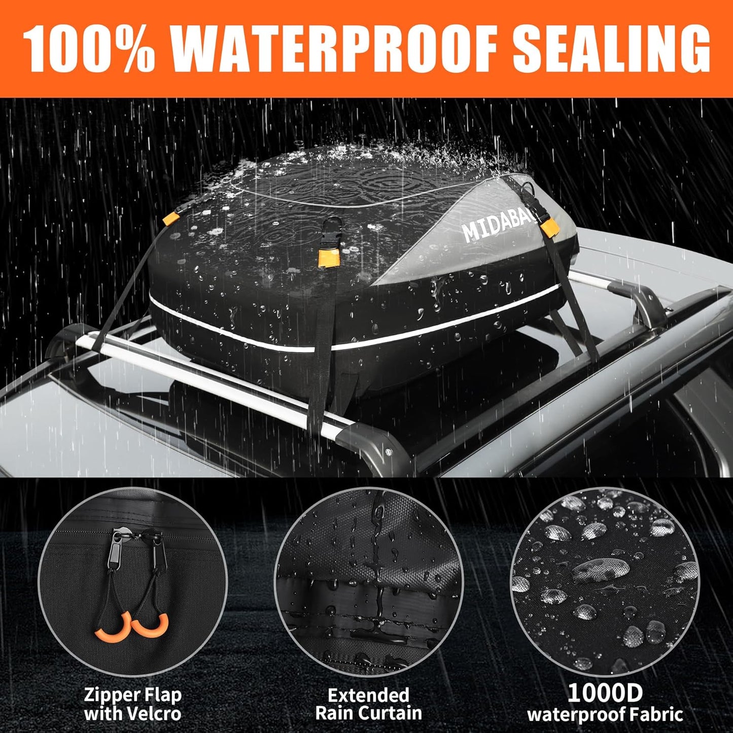 MIDABAO Waterproof Duty Car Roof Top Carrier-Car Cargo Roof Bag Car Roof Top Carrier - Waterproof & Coated Zippers- Includes Anti-Slip Mat- for Cars with or Without Racks (12 Cubic feet)