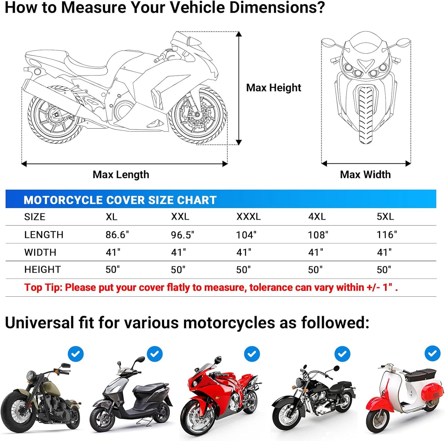 Favoto Motorcycle Cover All Season - Universal Weather Quality Waterproof Sun Rain Outdoor Protection Night Reflective with Lock-Holes & Storage Bag Fits up to 86.6" Motorcycles Vehicle Cover