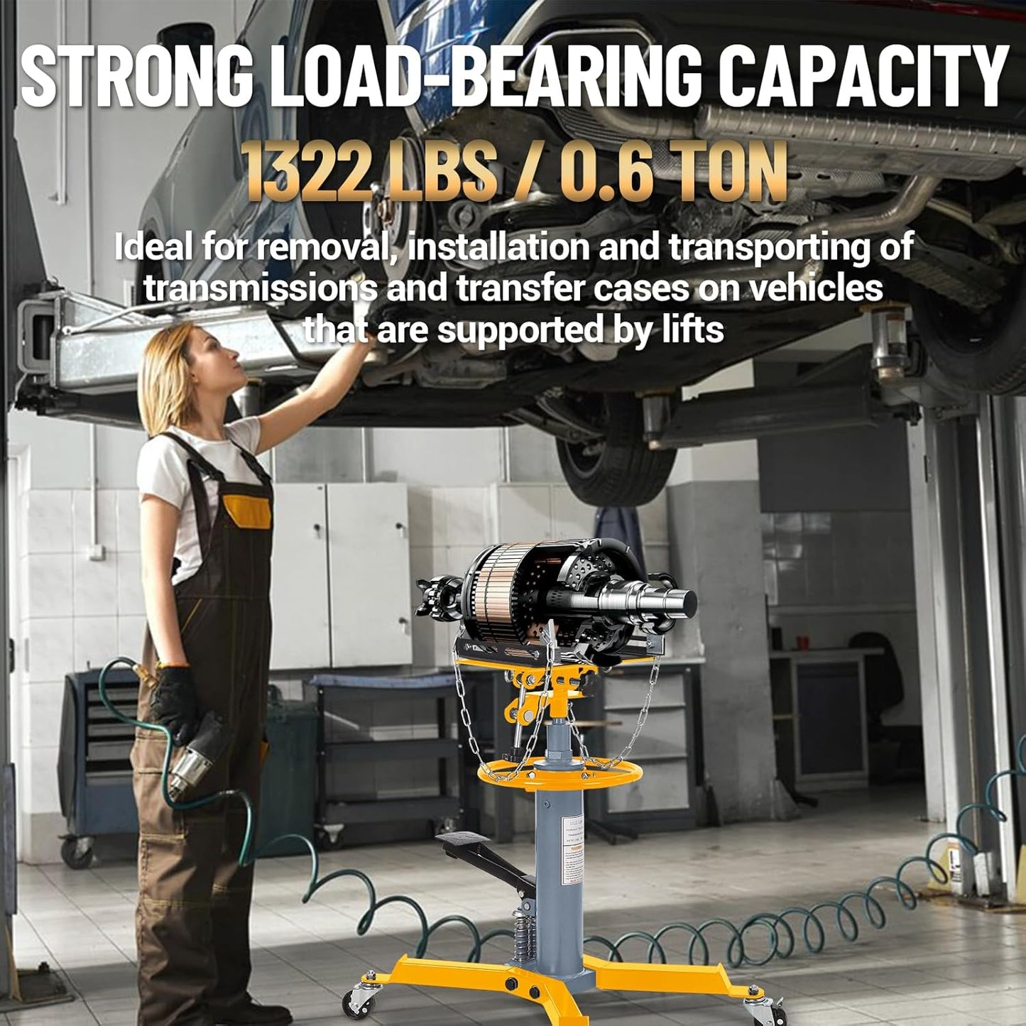 Dual Plunger Hydraulic Transmission Jack 1322lbs Capacity, 33.5"-69" High Lift 2-Stage Hydraulic Telescoping Jack, Trans Jack Stand with Non-Slip Pad, Foot Pedal & Swivel Wheel, Yellow