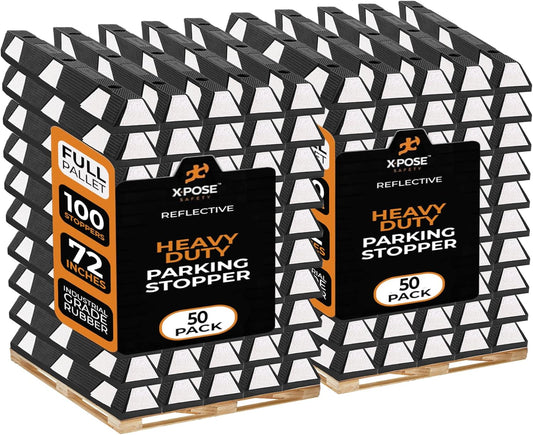 Xpose Safety 72" Heavy Duty Rubber Parking Stopper – Bulk 2 Full Pallets 100 Pack Wheel Blocks for Garage, Driveway, or Ramp – Car Bumper Stop with White Reflective Strips – Removable Floor Mount