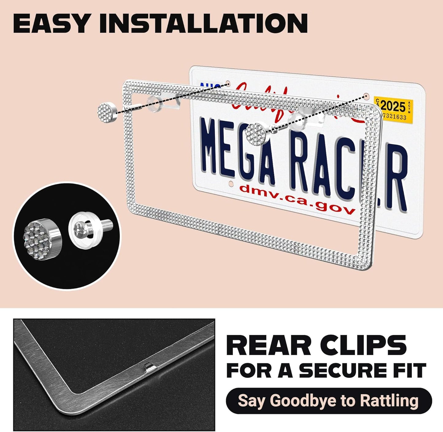 Sparkly Bling License Plate Frame for Women - 1 Pack, 800 Premium Rhinestones, Rust-Free Stainless Steel, Street Legal & Slim Design, Girly Bedazzled Diamond Car Tag Holder with Glitter Crystal Covers