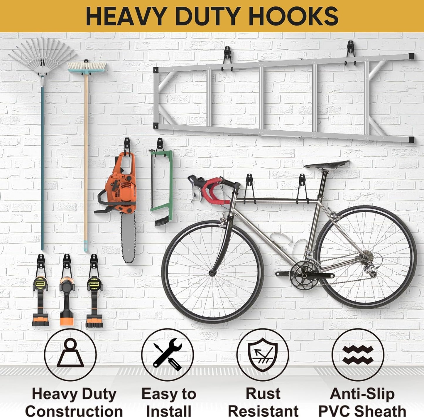 TICONN 2 Pack Heavy Duty Garage Hooks, Steel Utility Wall Storage Hooks, Wall Mount Hanger Organizer for Ladders, Bikes, Tools, Bulky Items (Large, Black Square)