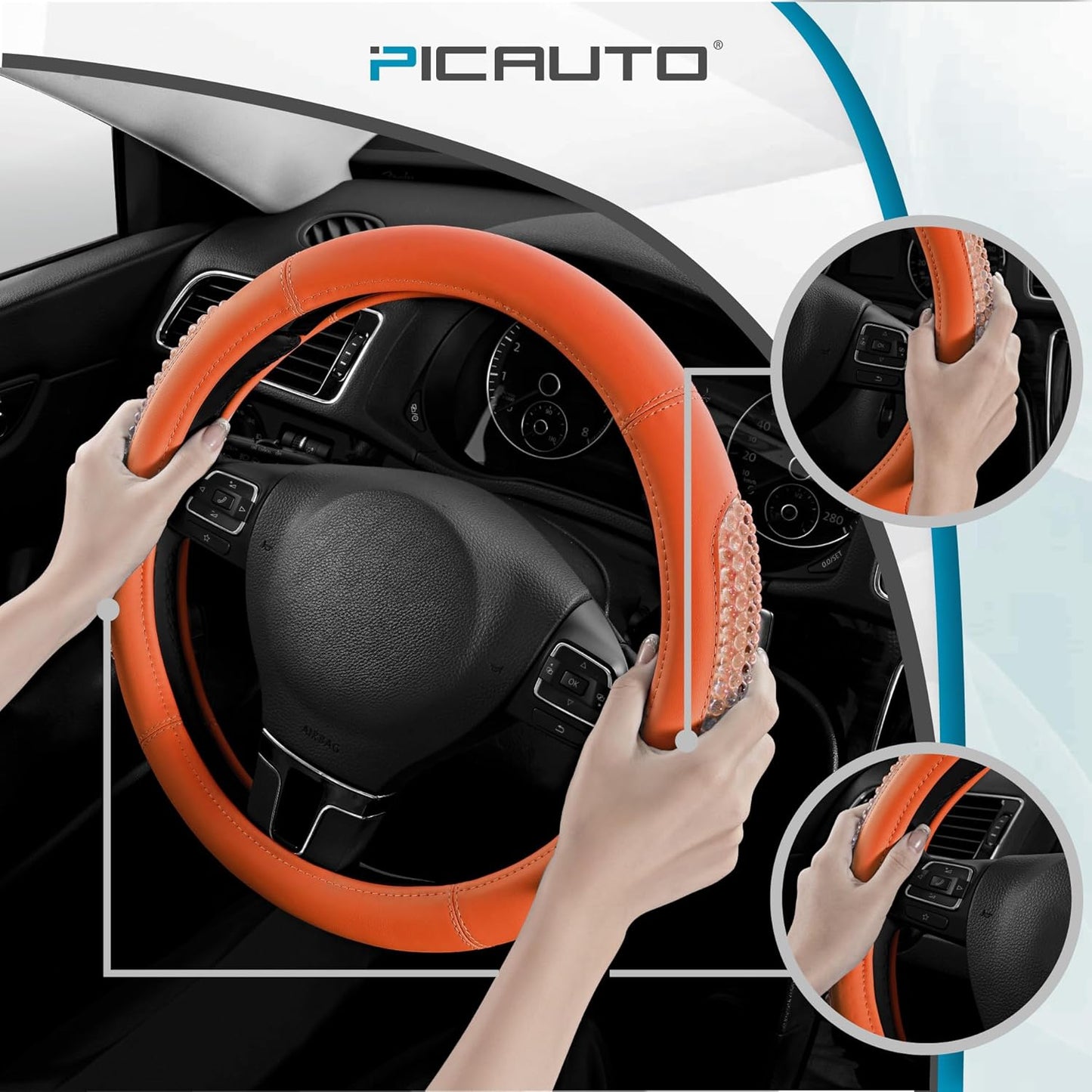 PIC AUTO Gel Particles Steering Wheel Cover, Orange Luxury Leather Car Steering Wheel Protector, Universal Fit 14.5"-15.5" Anti-Slip Car Interior Accessories for Girls & Women