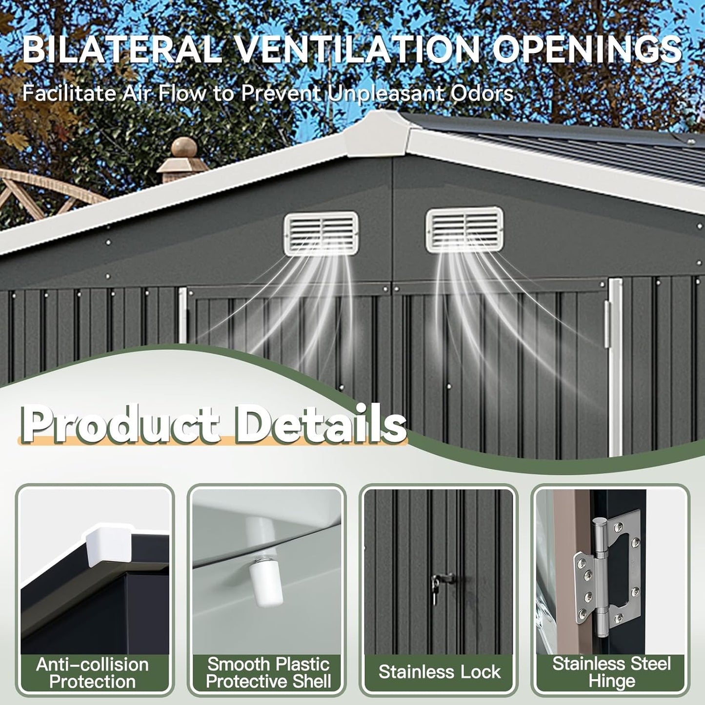 Aoxun 12x10 FT Shed Metal Outdoor Waterproof Storage Shed Steel Utility Garden Tool Shed with Door & Lock Outdoor Storage for Garden Patio Lawn Poolside, Black