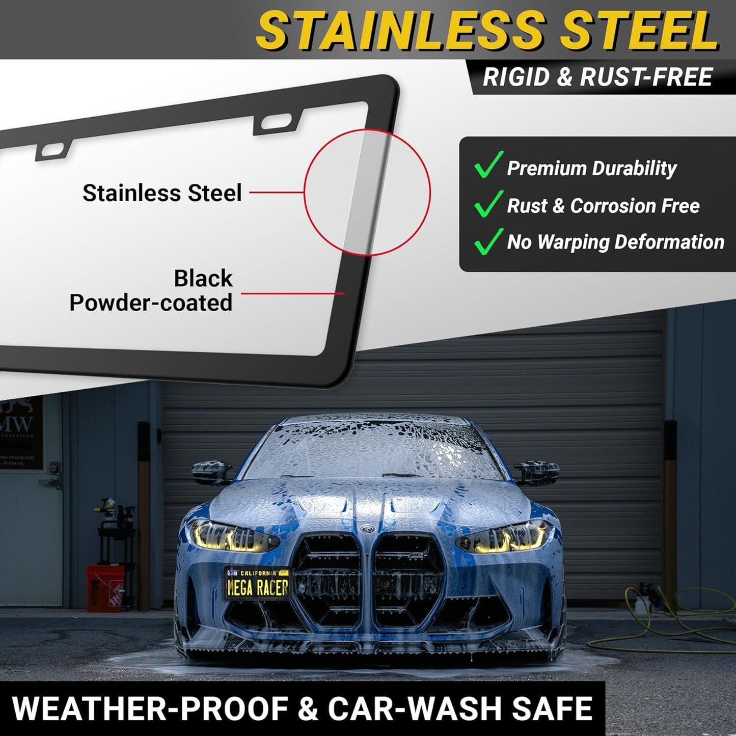 Premium Slim Matte Black License Plate Frame – 1 Pack, Rust-Free Stainless Steel & Rattle-Free, Street Legal, Universal with Screw Covers, Thin Edged Metal Front or Rear Car Tag Holder for Men & Women