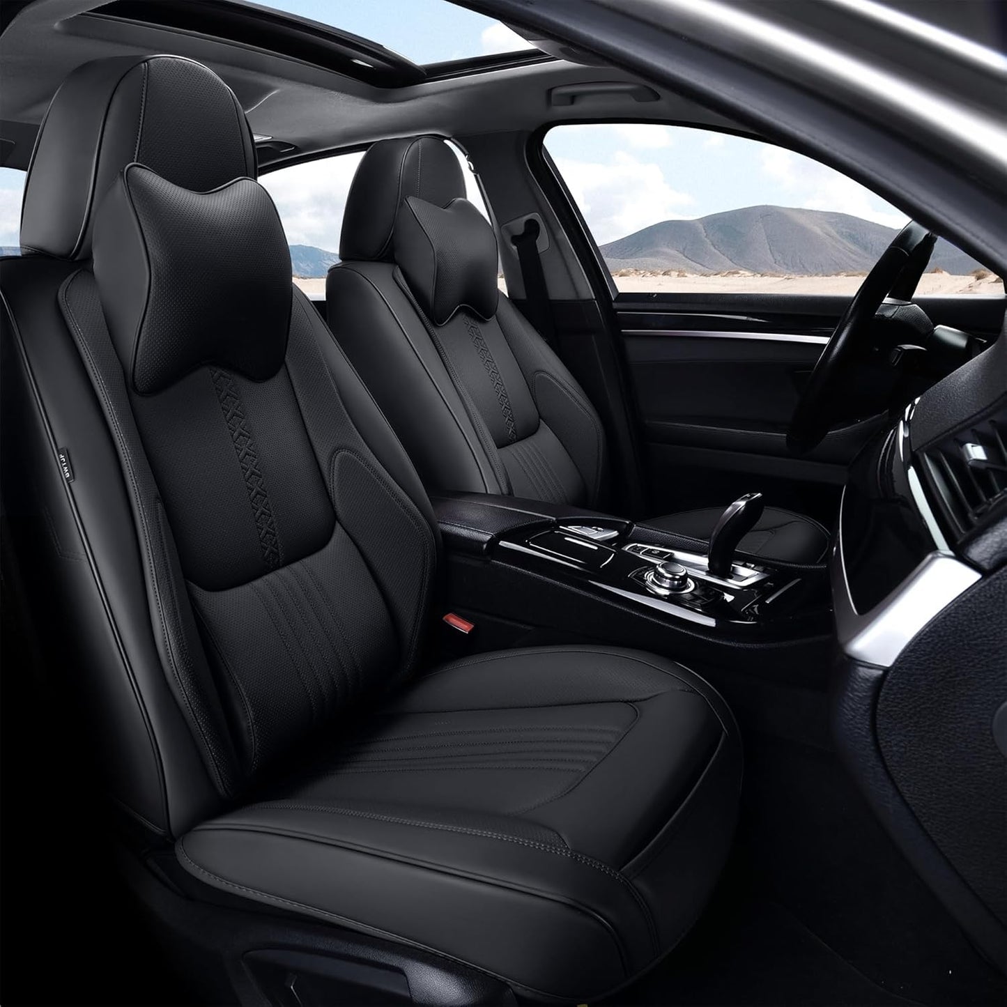 Front Seat Covers, 2 Pieces Universal Seat Covers for Cars, Waterproof Leather Auto Seat Protectors with Head Pillow, Car Seat Cushions Fit for Most Sedans SUV Pick-up Truck, Black