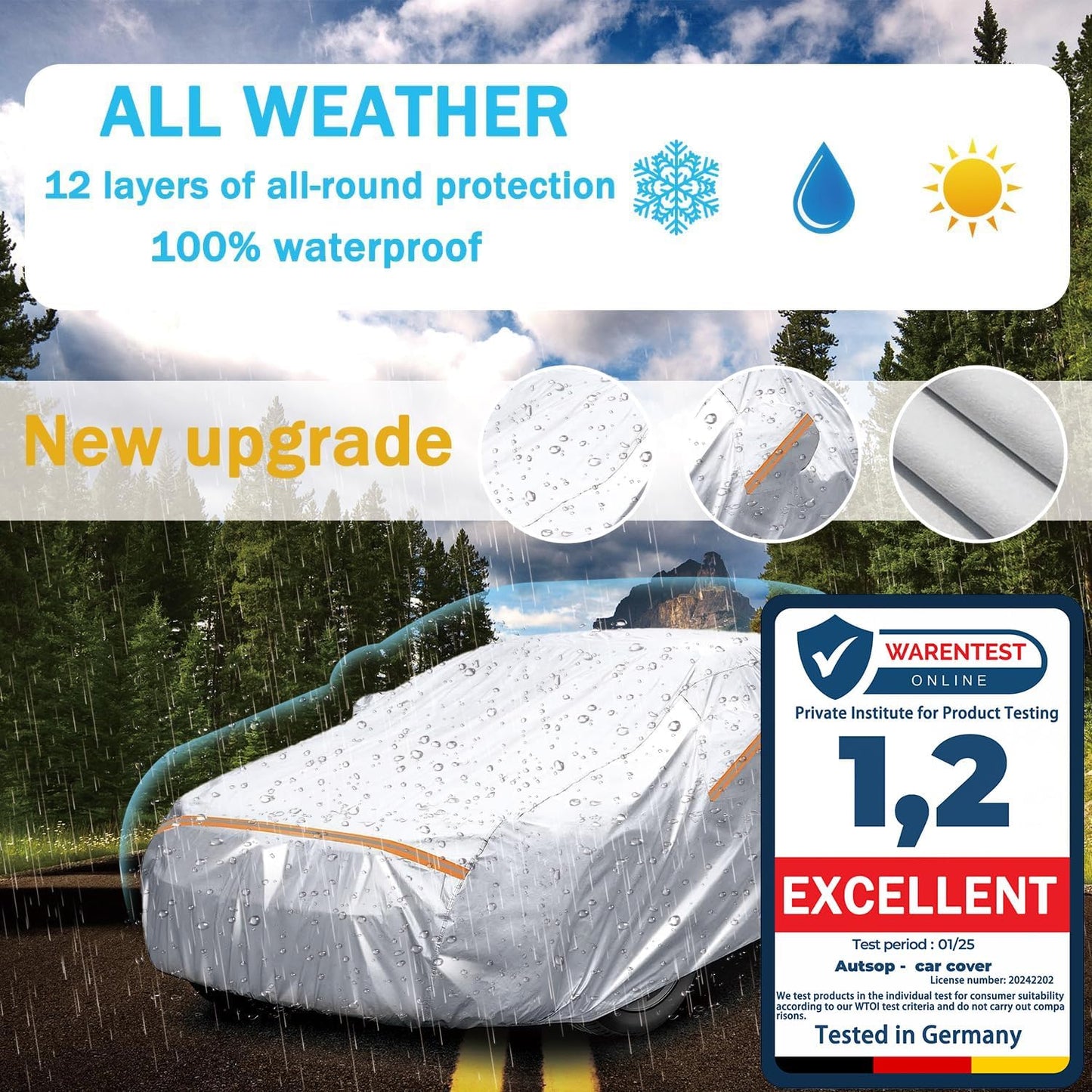 Autsop SUV Car Cover Waterproof All Weather,12-Layer Car Covers for Automobiles Outdoor Heavy Duty Full Exterior Covers for SUV(193-200 Inch)