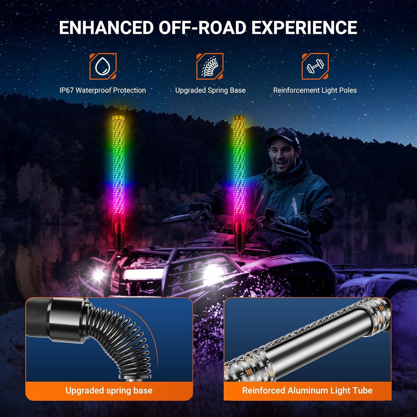 2PCS 3FT Fat Whip Lights for UTV ATV with Spring Base, Led Fatty Whip Light W/Rocker Switch & 6 Flags, Brighter Spiral Chasing Lighted Antenna Whip with APP & Remote Control for RZR SXS Can-Am