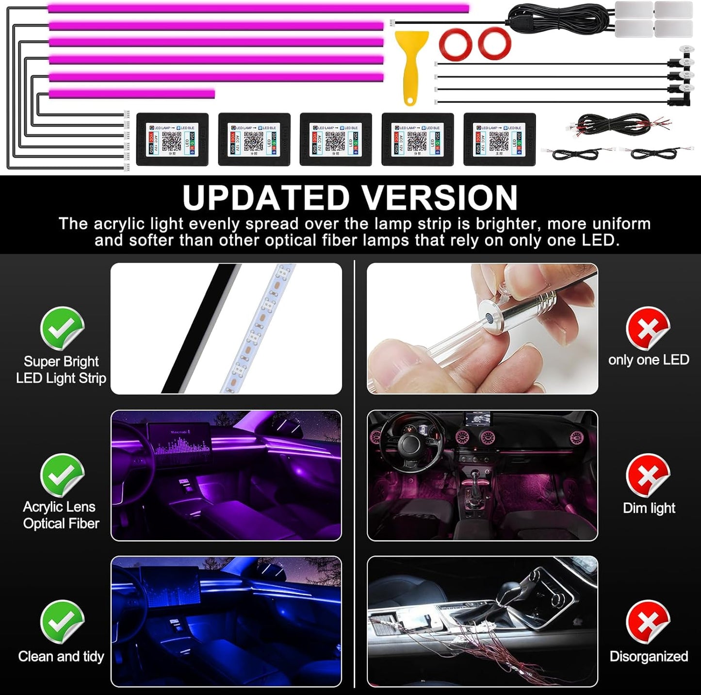 Acrylic Interior Car LED Strip Light with Wireless APP, 14 in 1 with 175 inches 593 LEDs Neon LED Strip Light, RGB Colors Dynamic Music Sync Car Ambient Lighting Kits