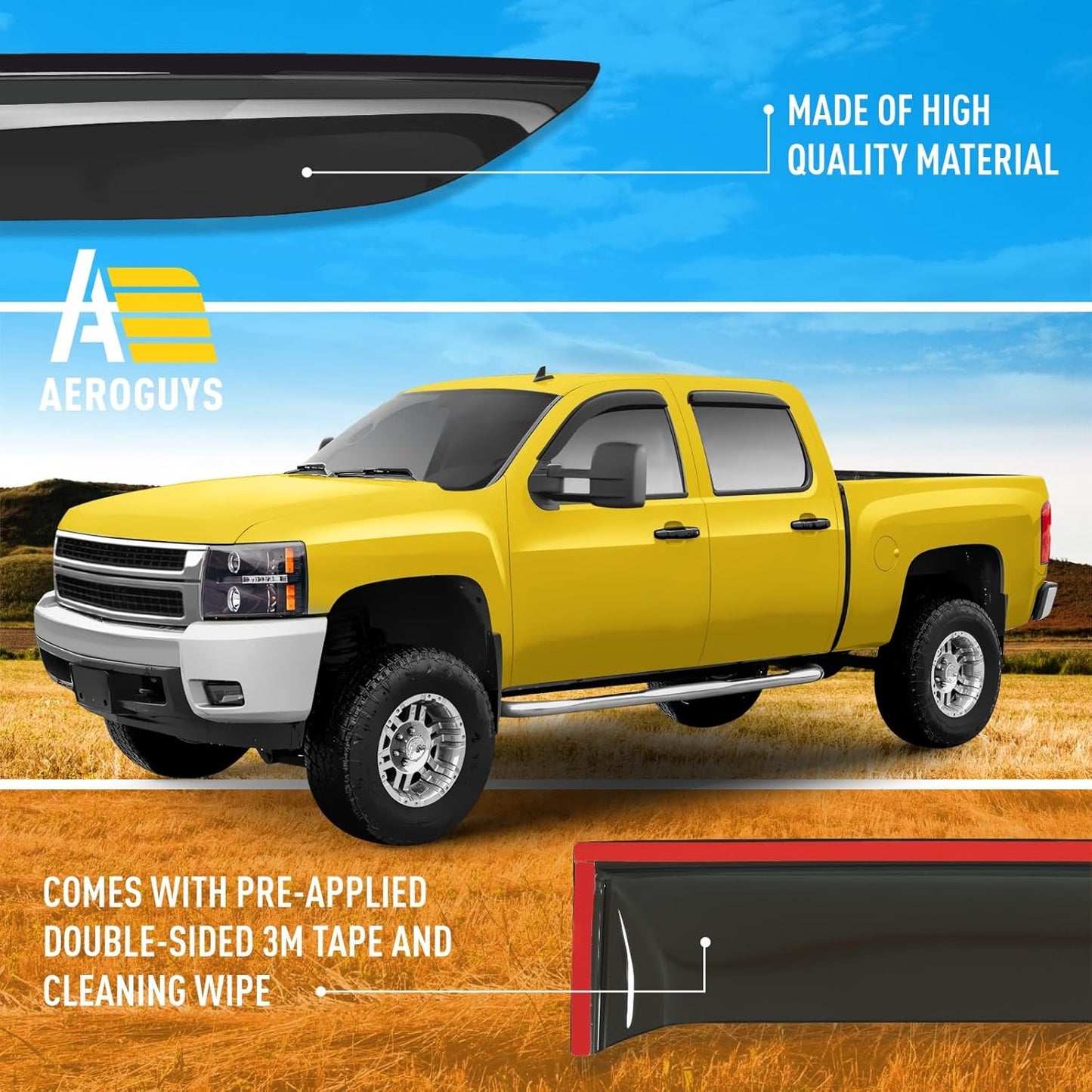 Extra Durable Window Deflectors Tape-On Window Visors Rain Guards Fit for Chevrolet (Chevy) Silverado 1500 2007-2013 Crew Cab, Sun Visors, Wind Vent for Shades, Exterior Car Accessories - 4pcs. AG0012