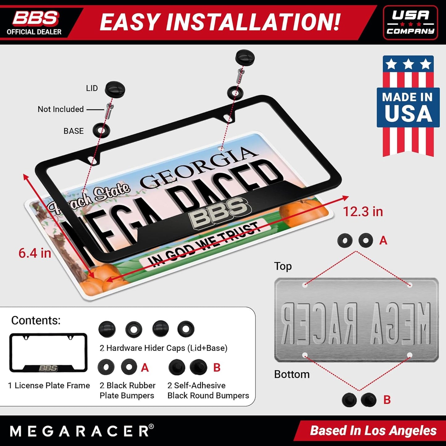 BBS Official Black Stainless Steel License Plate Frame – Made in USA – Premium Rustproof Powder-Coated Metal Car Accessory – Universal Fit – 1 Pack