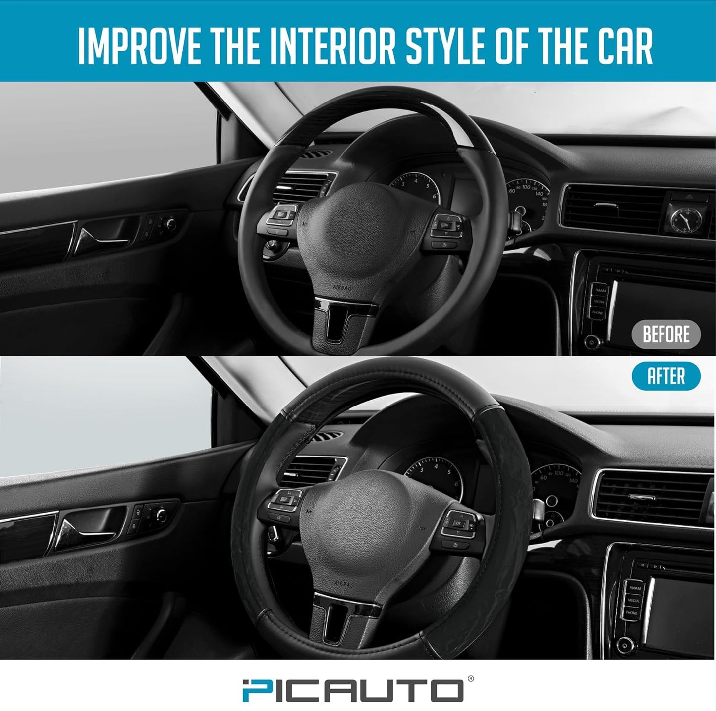 PIC AUTO Steering Wheel Cover, Silk Grain Leather Car Steering Wheel Protector, Comfortable Grip, Universal 14.5-15.5 Inch Anti-Slip Steering Wheels Accessories for Men & Women (Black)