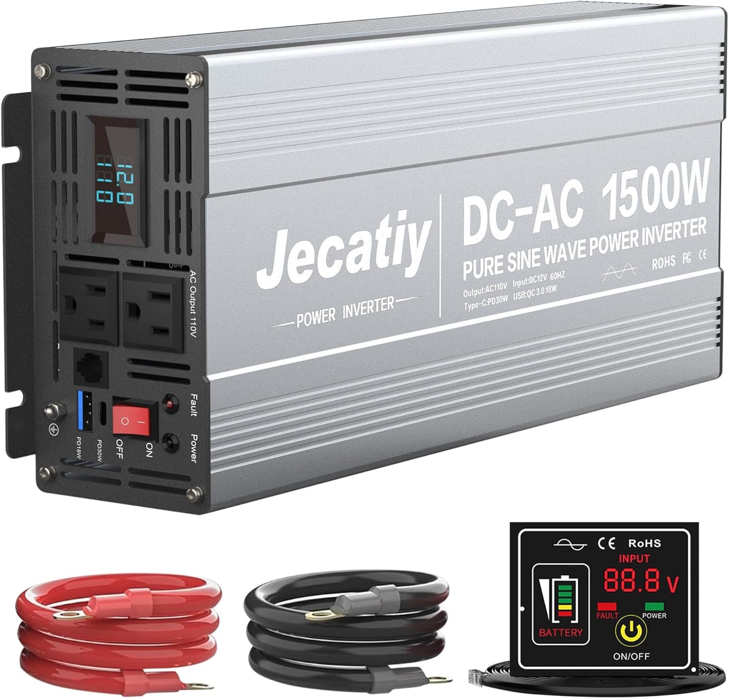 1500 Watt Pure Sine Wave Power Inverter DC 12V to 110V/120V AC Converter with 2 AC,18W USB, and 30W Type-C Charging Ports, Car Solar Power Inverters with LCD Display for Home RV Truck