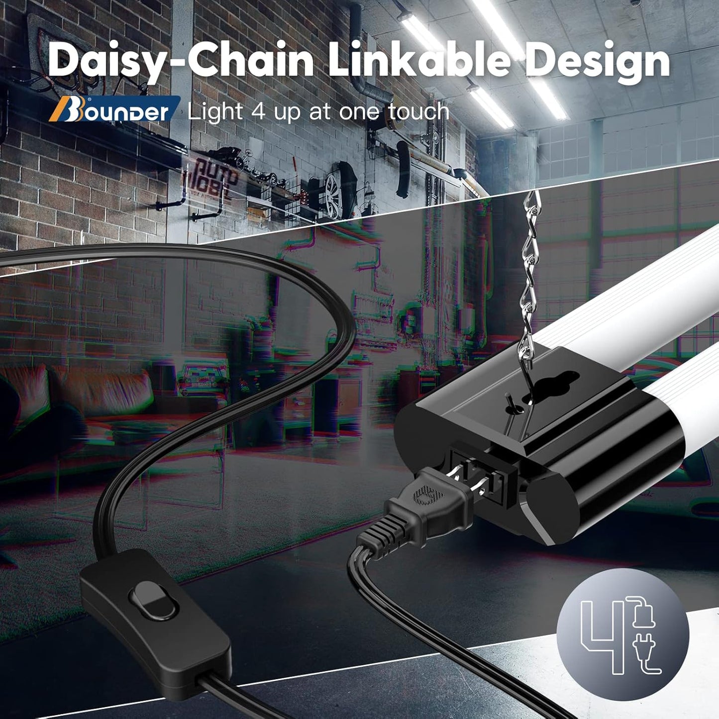 Bbounder 10 Pack Linkable LED Utility Shop Light, 4 FT Integrated Fixture for Garage, 40W Equivalent 250W, 5000K Daylight, Surface + Suspension Mount, Florescent Light Fixture Replacement, Black