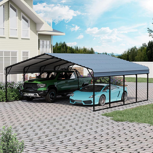 EROMMY 20x20FT Stable Metal Carport, All-Weather Heavy-Duty Carports with Strong Base, Sturdy Car Shed with Galvanized Steel Roof and Frame, Easy Assembly Car Port for 2 Cars, Tractors, Boat, Gray