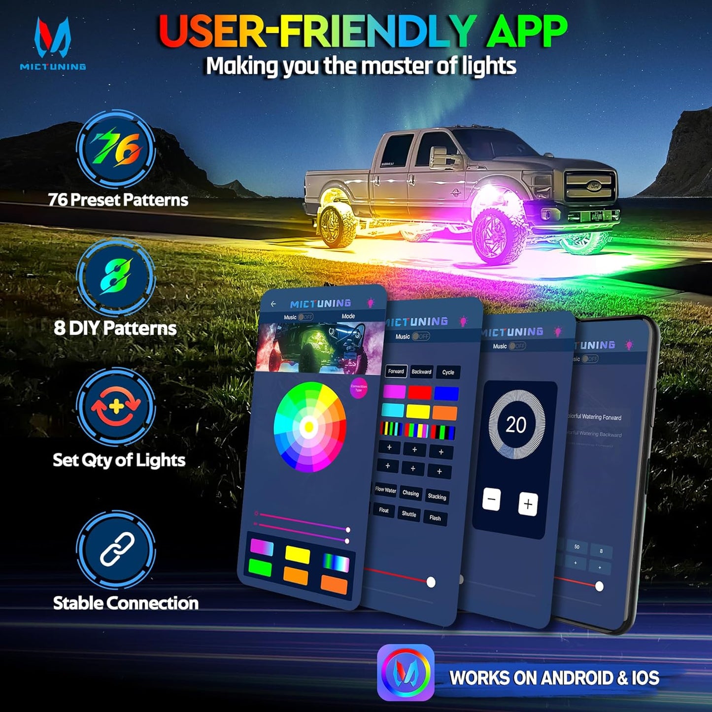 MICTUNING 2025 1000% Bright Q1 MAX RGB+IC Rock Lights, 12 Pods Chasing Dreamcolor Extensible Underglow Multicolor Neon Light Underbody Lighting Kit with APP Control for Truck ATV UTV Boat