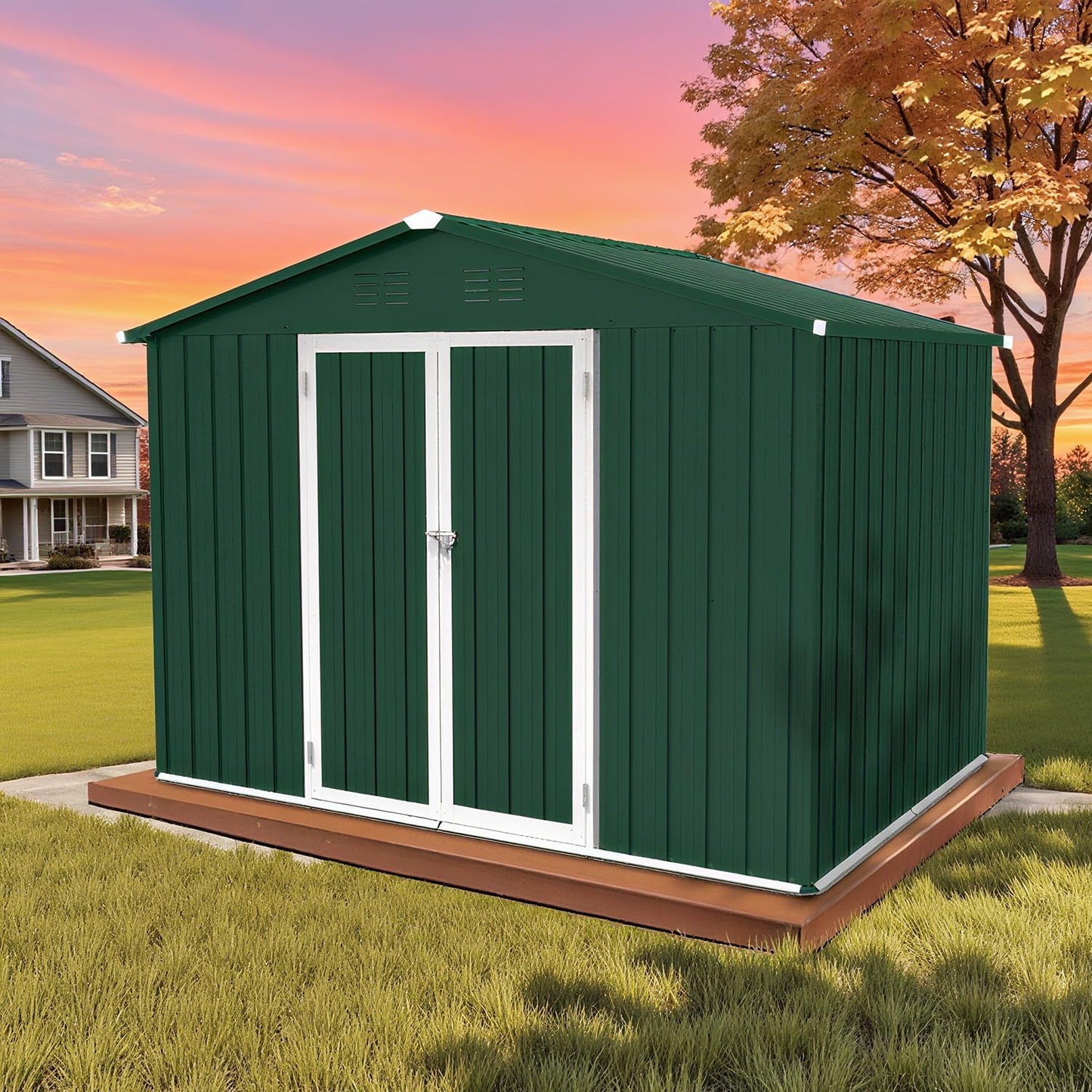 8 x 6 FT Outdoor Storage Metal Shed, Bike Garden Tool Shed with Slooping Roof, Lockable Doors and Aluminum Frames, Shed Easy to Assemble for Garden, Patio, Lawn, Green