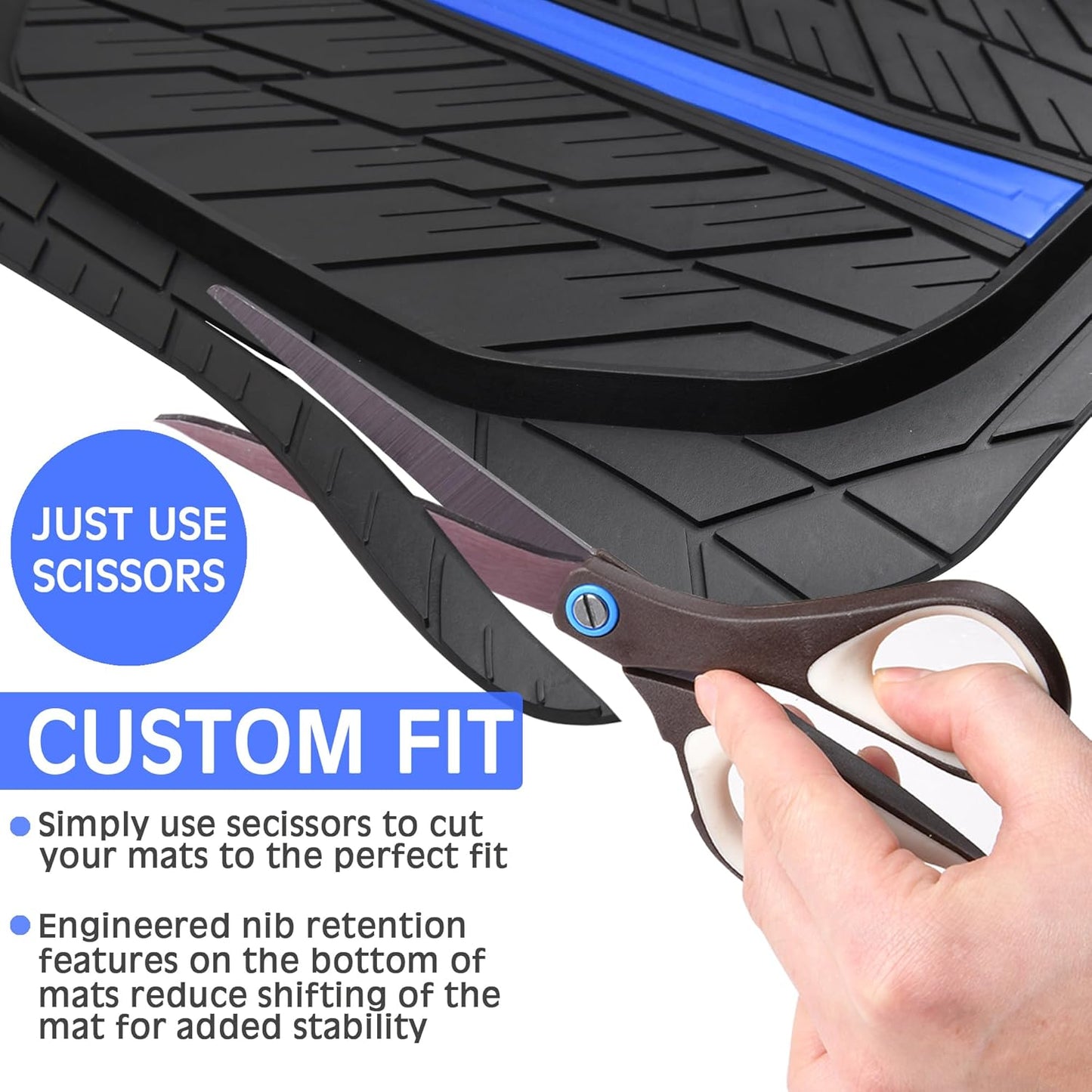 CAR PASS Tire Tread DeepDish Rubber Floor Mats for car Heavy Duty car mats All Weather, Universal XL~M Trim to Fit for Truck SUV Vehicle Automotive, Waterproof car mats 3 Piece(Blue Black)