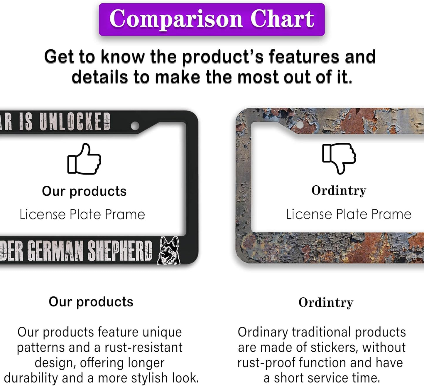 Front License Plate Bracket Black and White License Plate Frames Car is Unlocked Keys Under German Shepherd Universal Aluminum Car Accessory 2 Pack with Screw Covers Set