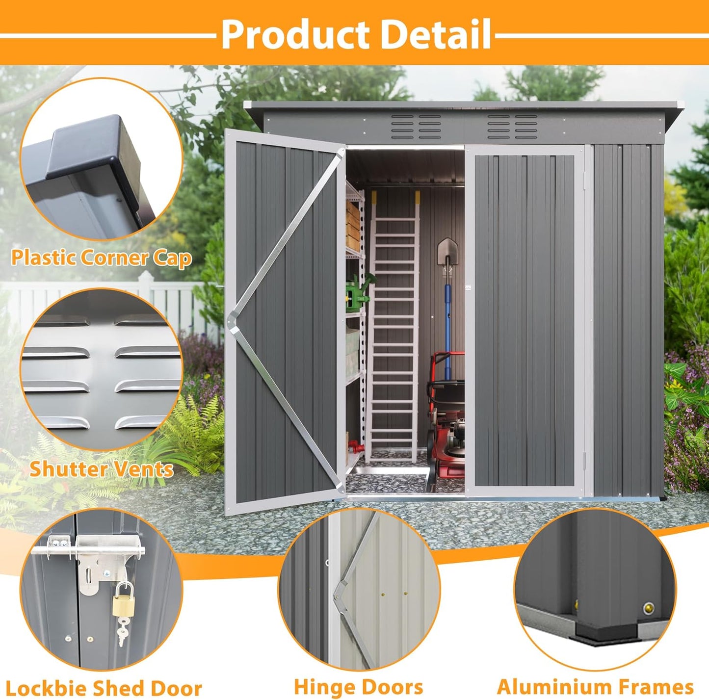 6' x 4' Outdoor Metal Storage Shed, Galvanized Steel Tool Garden Shed, for Patio Backyard Lawn Garden (6x4 Ft Grey)