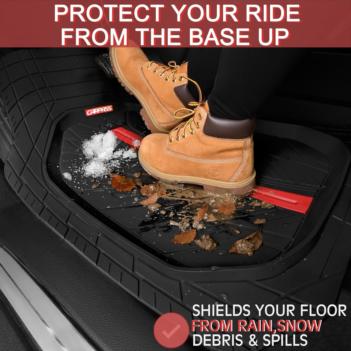 CAR PASS Tire Tread DeepDish Rubber Floor Mats for car Heavy Duty car mats All Weather, Universal XL~M Trim to Fit for Truck SUV Vehicle Automotive, Waterproof car mats 3 Piece (red Black)