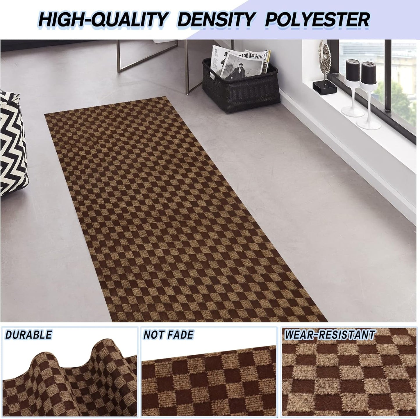 Custom Size Backed Non-Slip Area Rugs Runner, Easy Clean, Waterproof Runner Rugs for Hallway Entryway, Kitchen, Laundry, 2FT x 68FT, Brown Checkered