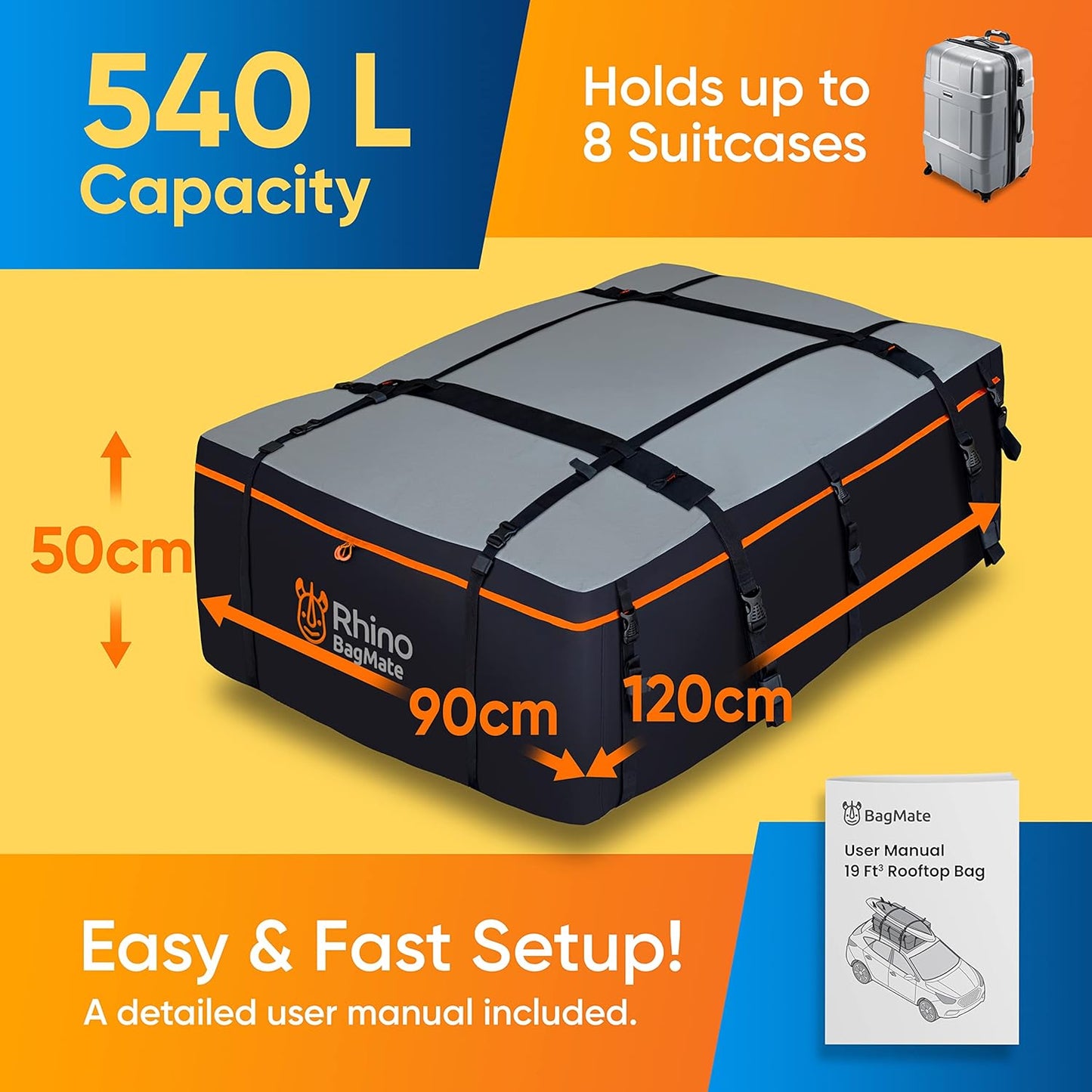 Military-Grade Waterproof Roof Bag - Rooftop Cargo Carrier – 19 Cubic Feet. (540L) with 4 Door Hooks, Zipper/Buckle Closure, Extra Strap – Black Roof Bag for Cars with or Without Rack