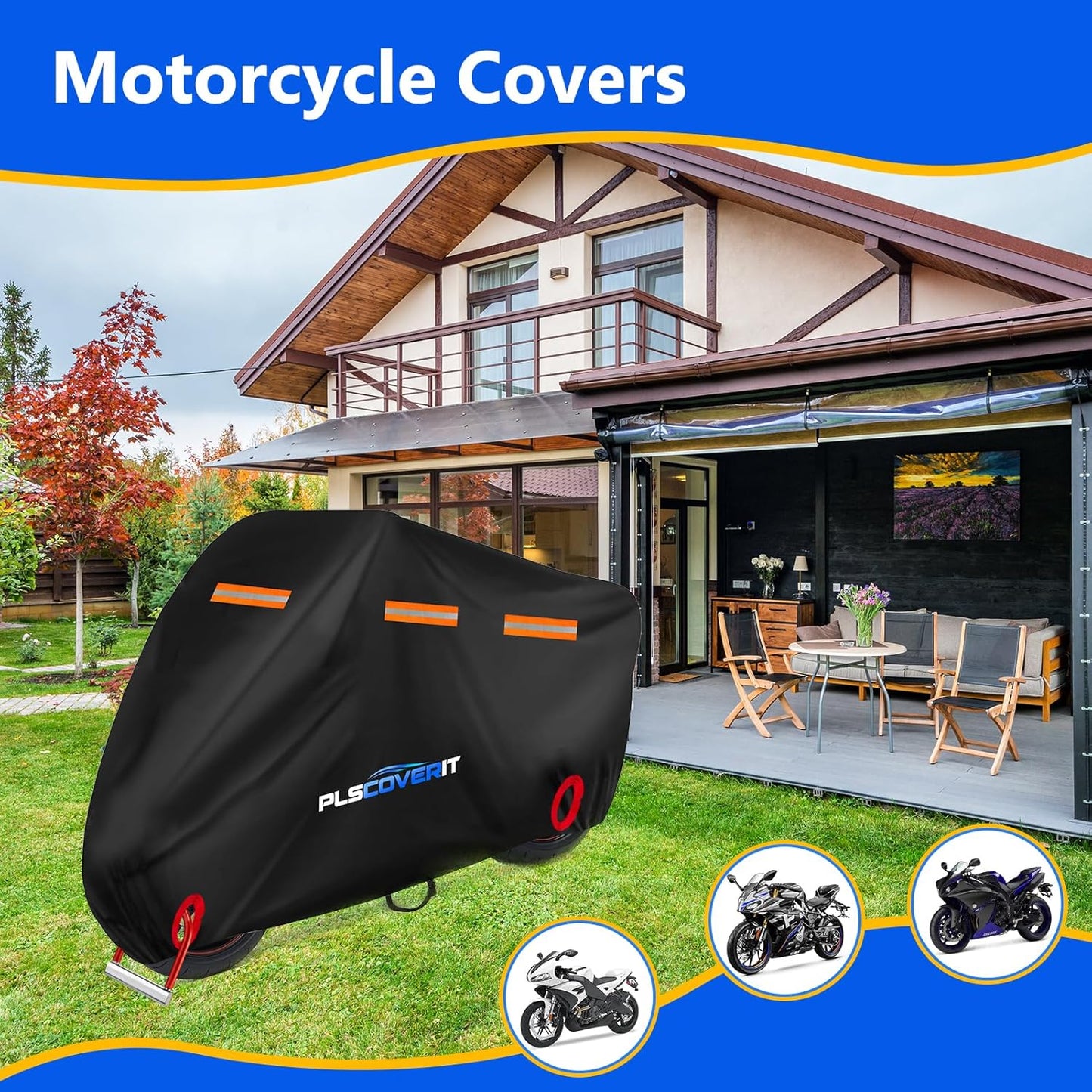 Motorcycle Cover, 600D Heavy Duty Waterproof Motorbike Cover, Dustproof Motorcycles Vehicle Cover Scooter Shelter Protection with Reflective Strips & Storage Bag 116" x 41" x 50"