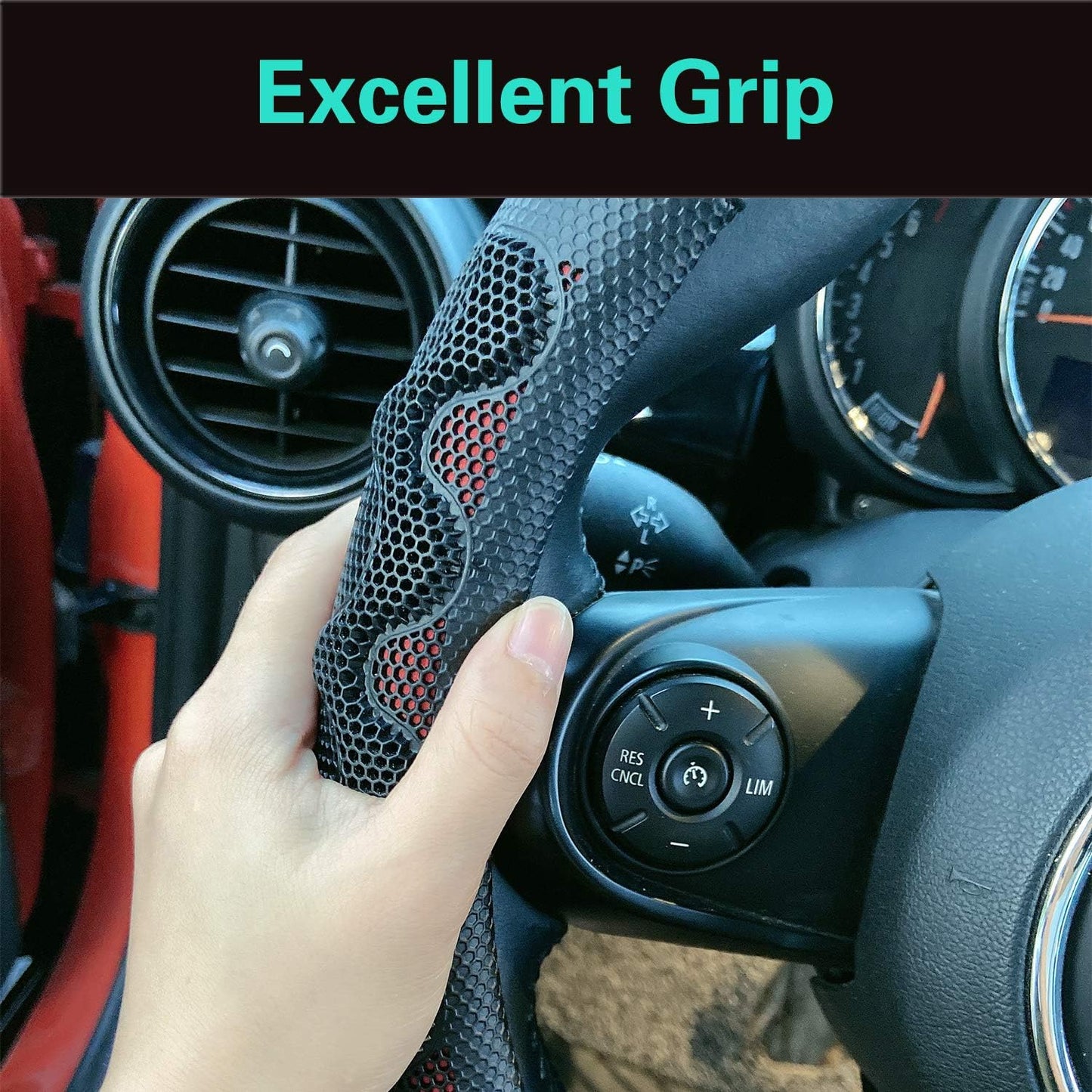 PINCTROT Large Size Steering Wheel Cover Great Grip with 3D Honeycomb Anti-Slip Design, 15.5-15.75 Inch (Wine Red)