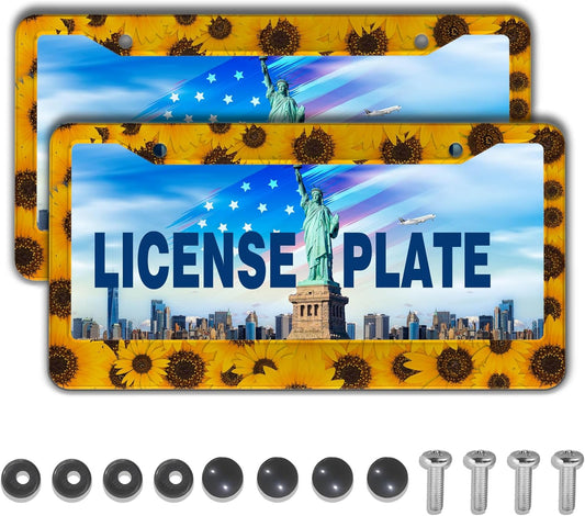 License Plate Protector for Women Yellow License Plate Frames for Men Sunflower Aluminum Metal Car Accessory 2 Pack with Screw Covers Set