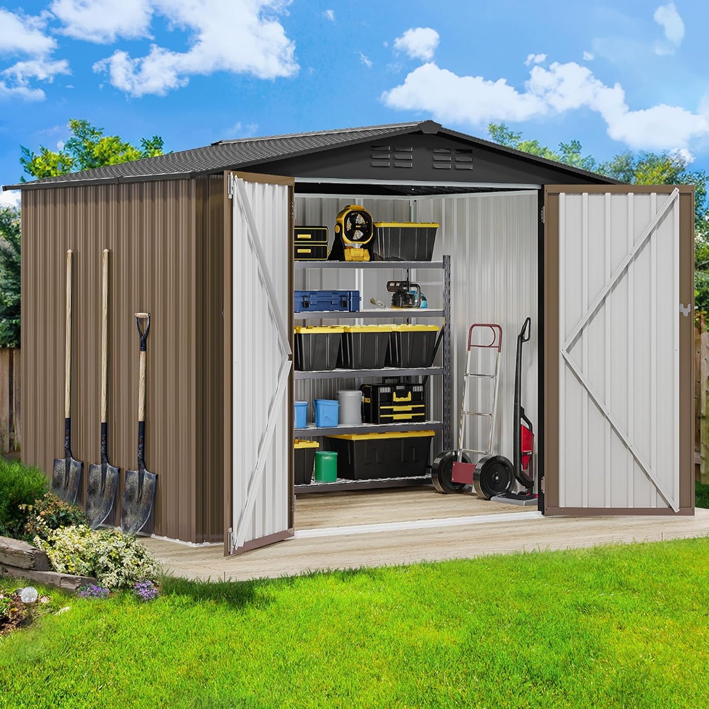 DWVO 8'x6' Large Metal Outdoor Storage Shed, Heavy Duty Tool Storage Sheds for Backyard Patio Lawn - Ideal for Bicycles, Garden Tools, and Lawn Equipment, Easy-to-Assemble, Brown