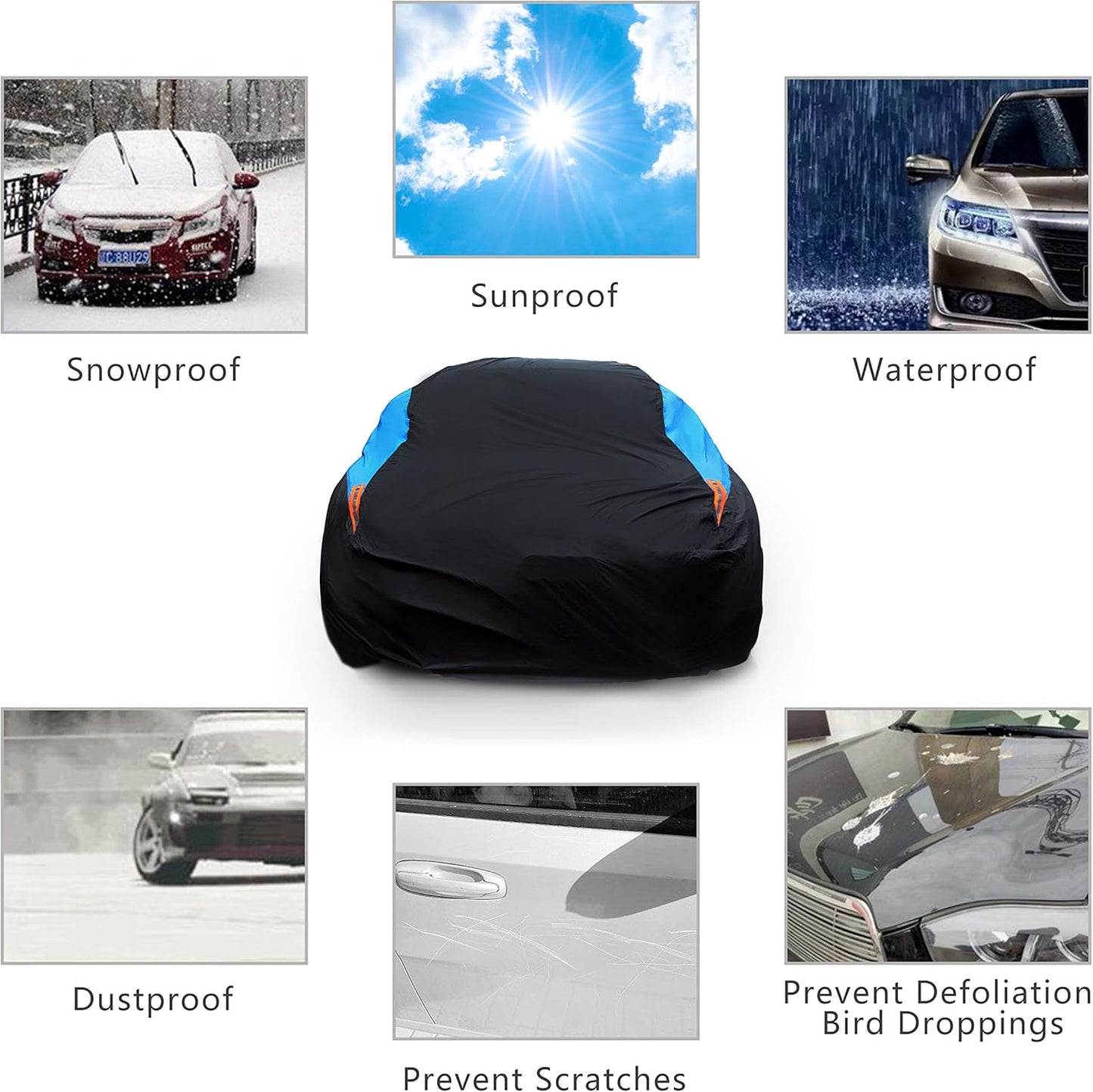 MORNYRAY Waterproof Car Cover All Weather Snowproof UV Protection Windproof Outdoor Full car Cover, Universal Fit for Sedan (Blue, A1-Fit Sedan Length(154-163 inch)