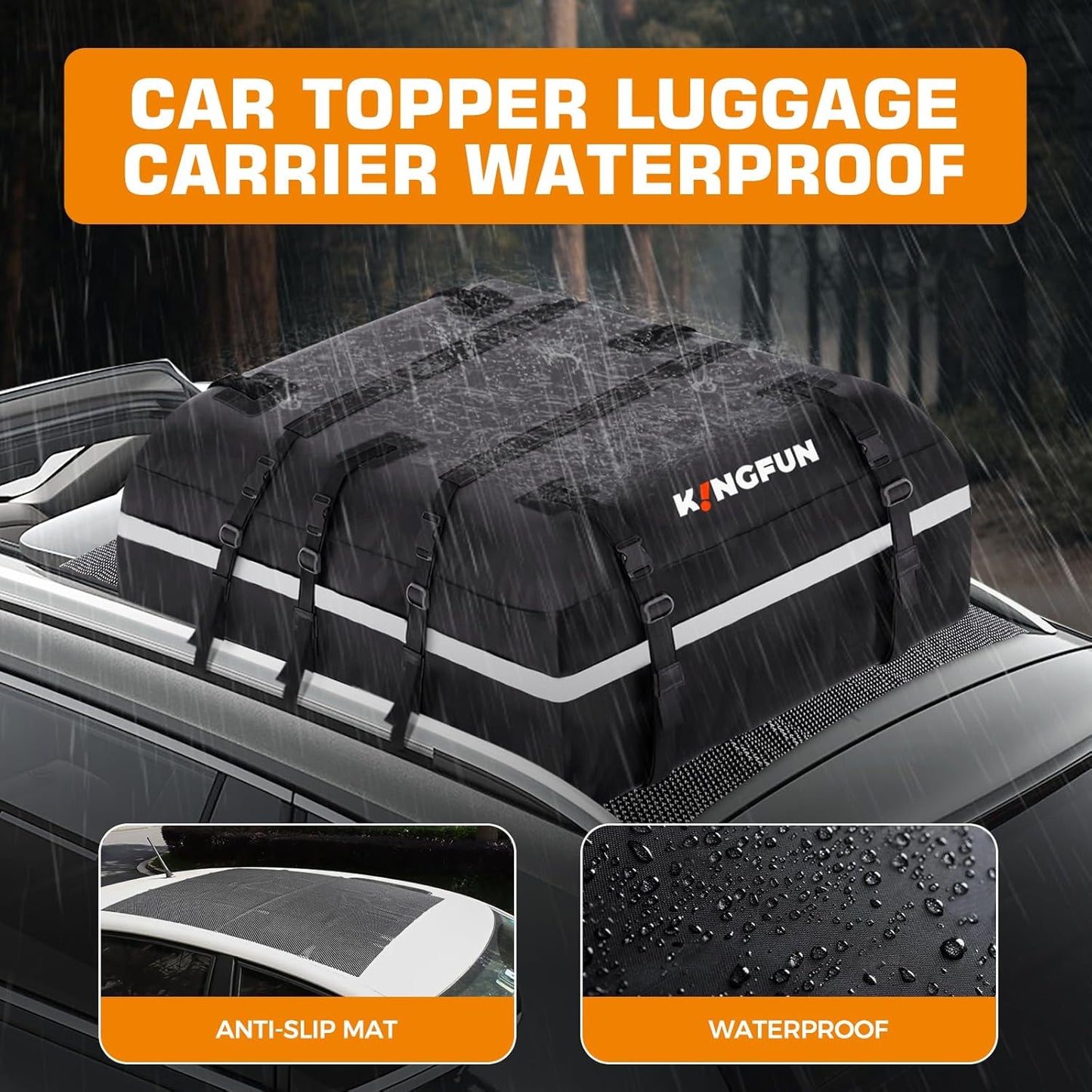Kingfun Car Rooftop Cargo Carrier – Waterproof 20 Cubic Feet Car Roof Bag Fit All Vehicles with/Without Roof Racks, Includes Anti-Slip Mat, 8 Reinforced Straps & 6 Door Hooks, Luggage Locks（Black）