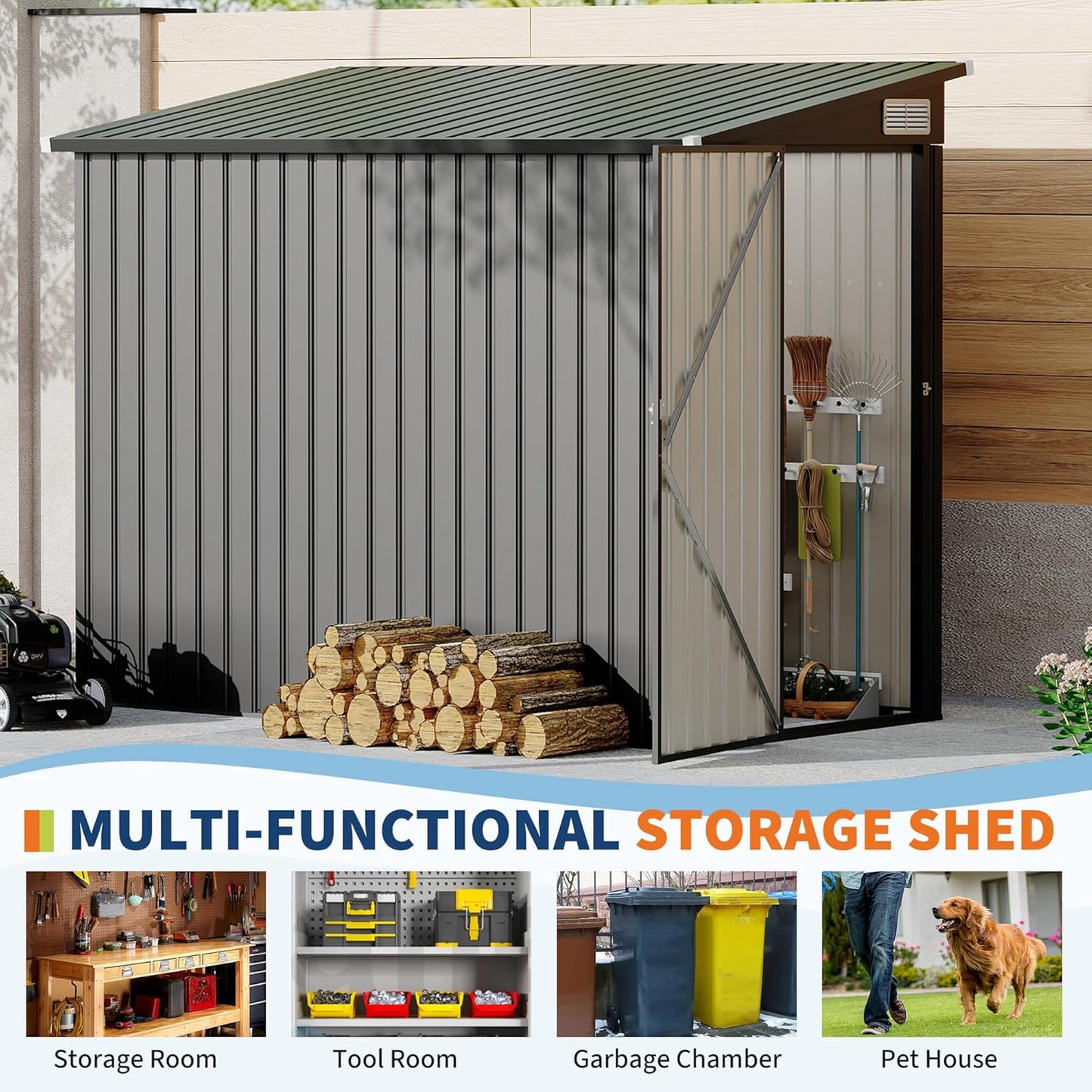 4' x 8' Outdoor Lean to Storage Sheds Outdoor, Heavy-Duty Lean to Garden StorageShed, Metal Wall Side Bike Shed & Outdoor Storage