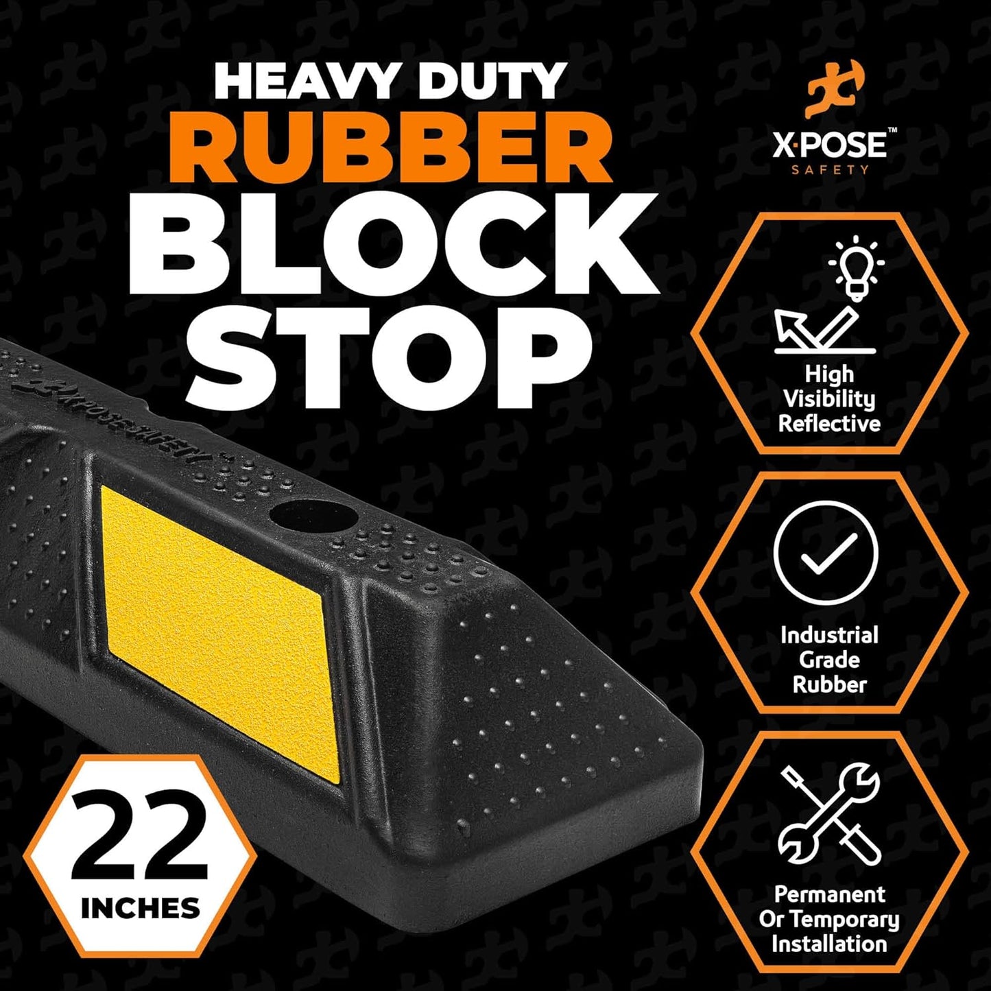 Xpose Safety 22" Heavy Duty Rubber Parking Stopper – 2 Pack Wheel Blocks for Garage, Driveway, or Ramp – Car Bumper Stop with Yellow Reflective Strips – Removable Floor Mount