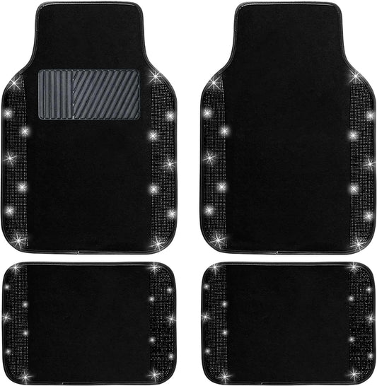 NBTEPEM Black Bling Car Floor Mats Full Set, Universal Fit Most Cars,SUV, Trucks, 4 pcs Sparkle Glitter Diamond Carpet for Women Girls with Anti-Slip Pad (Black Diamond)