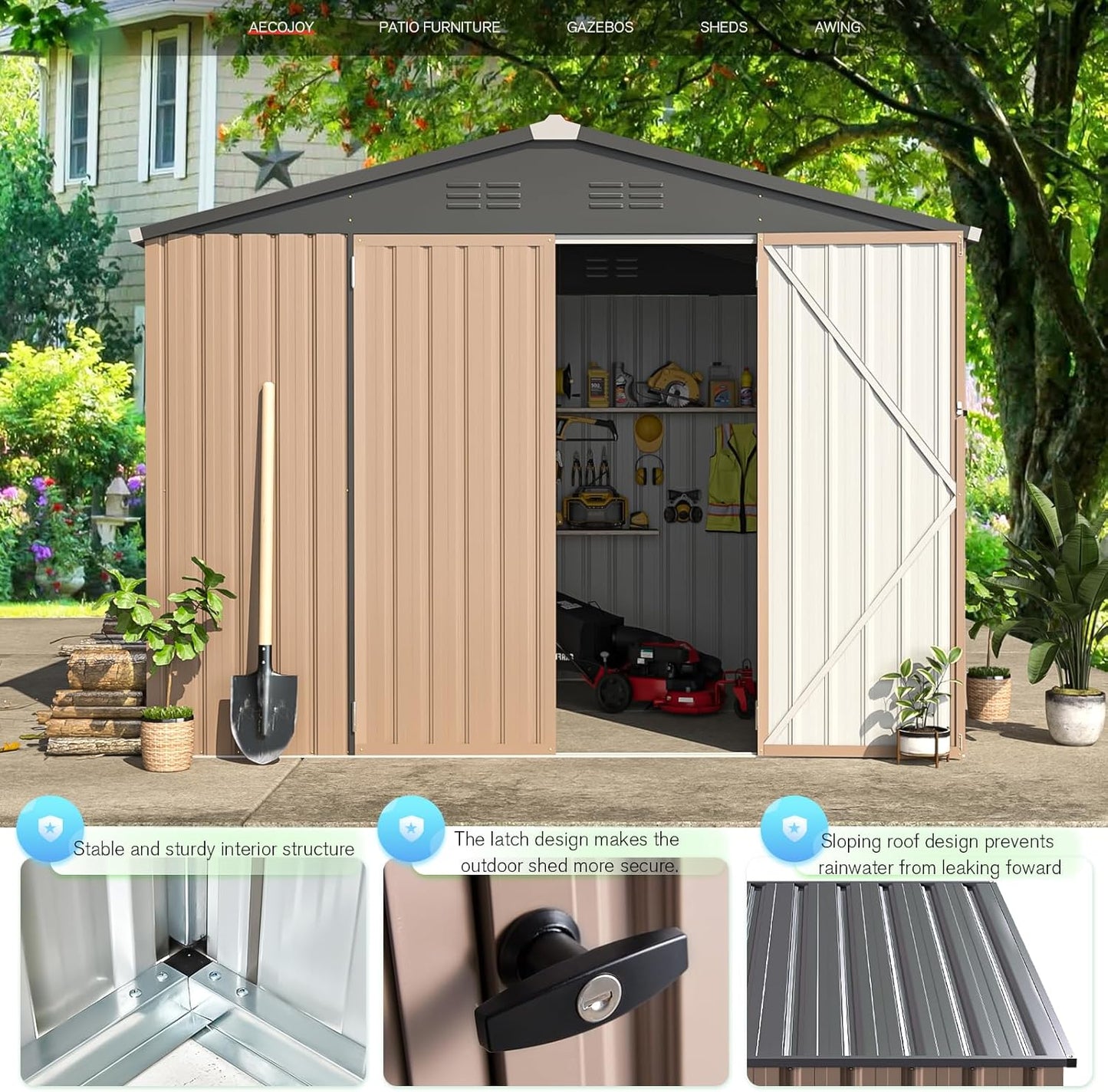 AECOJOY 8' x 6' Metal Storage Shed for Outdoor, Steel Backyard 6x8 Sheds & Outdoor Storage with Lockable Doors, Utility and Tool Storage for Garden, Backyard, Patio, Outside use