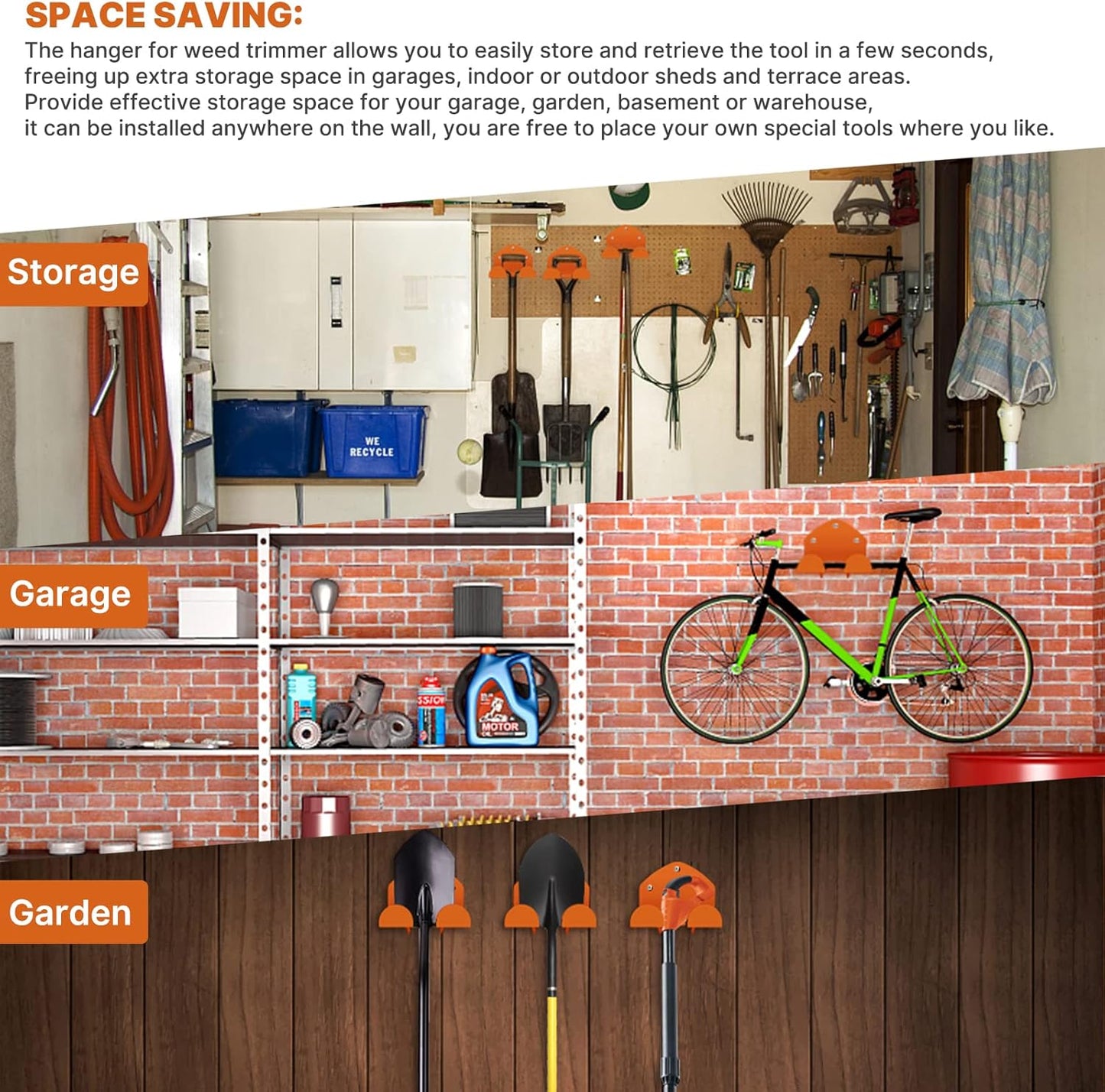 Garage Organizer Wall Hanger - Garden Tool Rack for Grass Trimmer, Hedge Trimmer, Garage Tools, 1 Pack