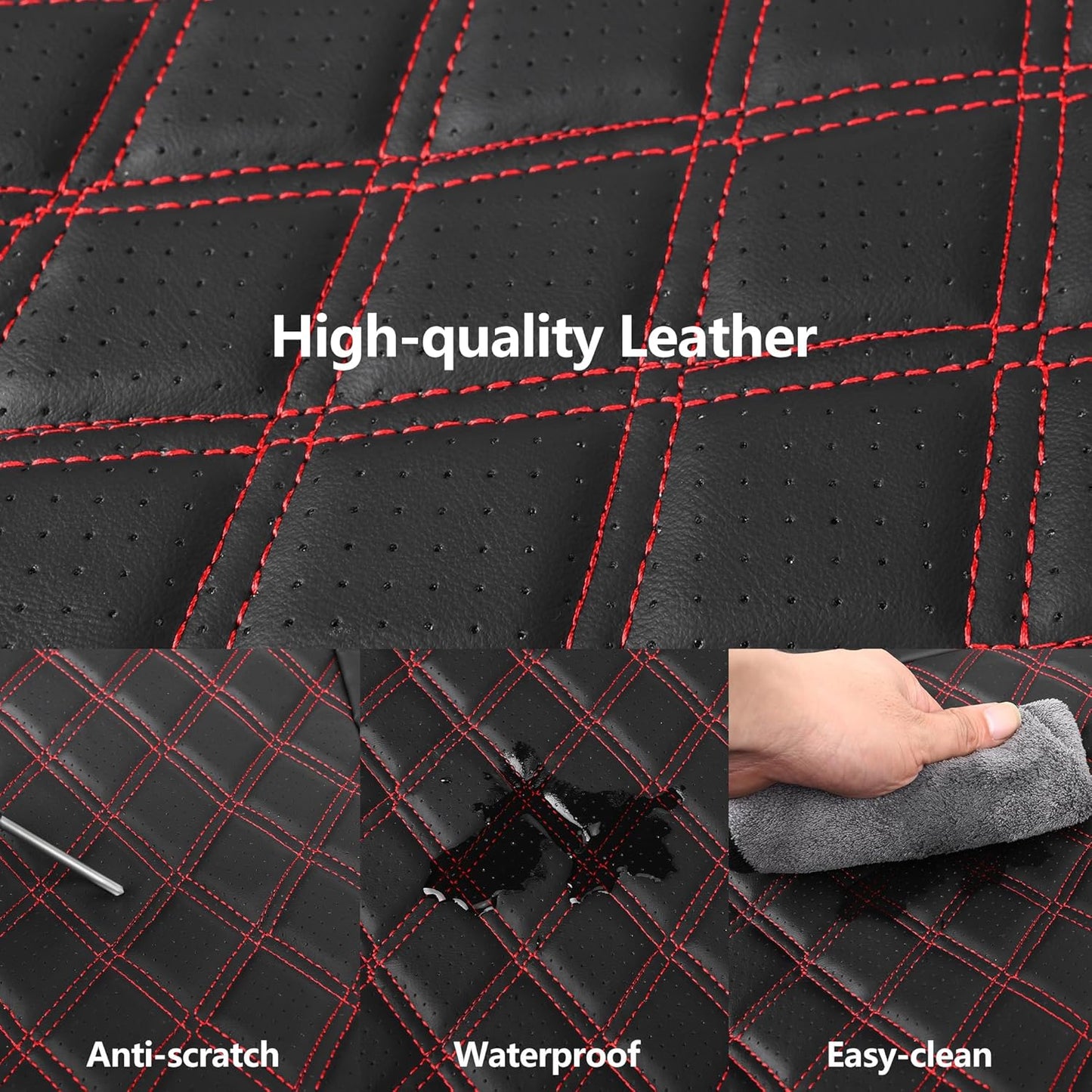 Leather Car Seat Covers,Breathable and Waterproof Napa Leather Automotive Seat Cover,Universal Interior for Cars,Sedans,SUVs,Vans,Trucks(Front Seat,Black+Red,N3)
