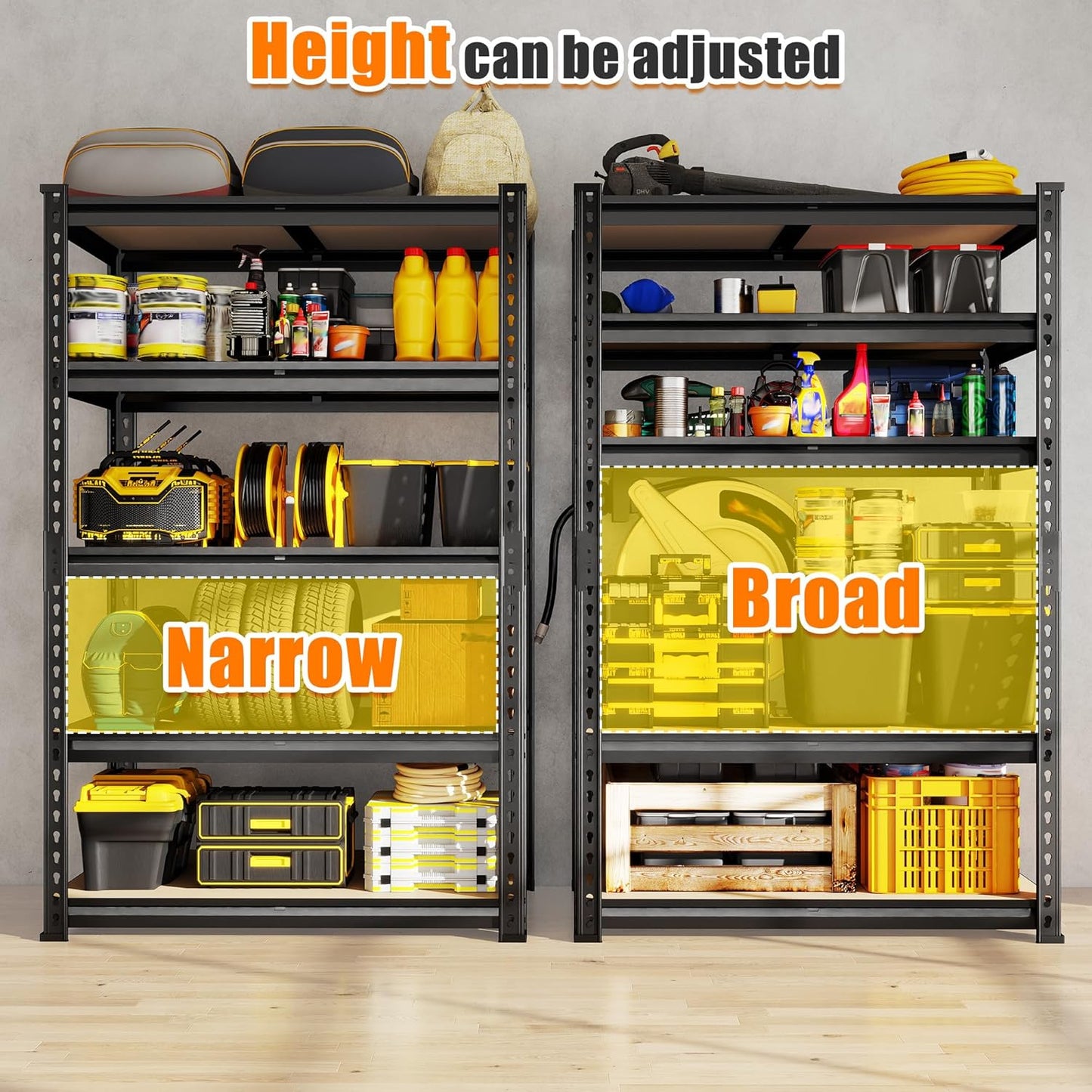 72.12" H Garage Shelving, Storage Shelves Load 2100LBS, 5-Tier Adjustable Shelving Unit with Thickened Wooden Boards for Multiple Scenarios, 72.12" H x 35.55" W x 11.85" D, Black