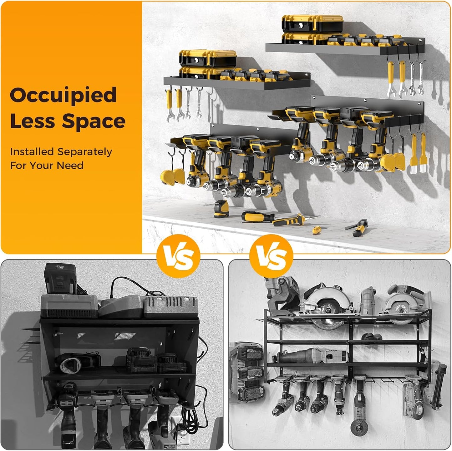 Power Tool Organizer Wall Mount with 4 Drill Holder, Formed Integrally Heavy Duty Garage Tool Organizers and Storage with Hooks for Battery, Tool Box, Screwdriver, Plier and Hammers Gifts for Men