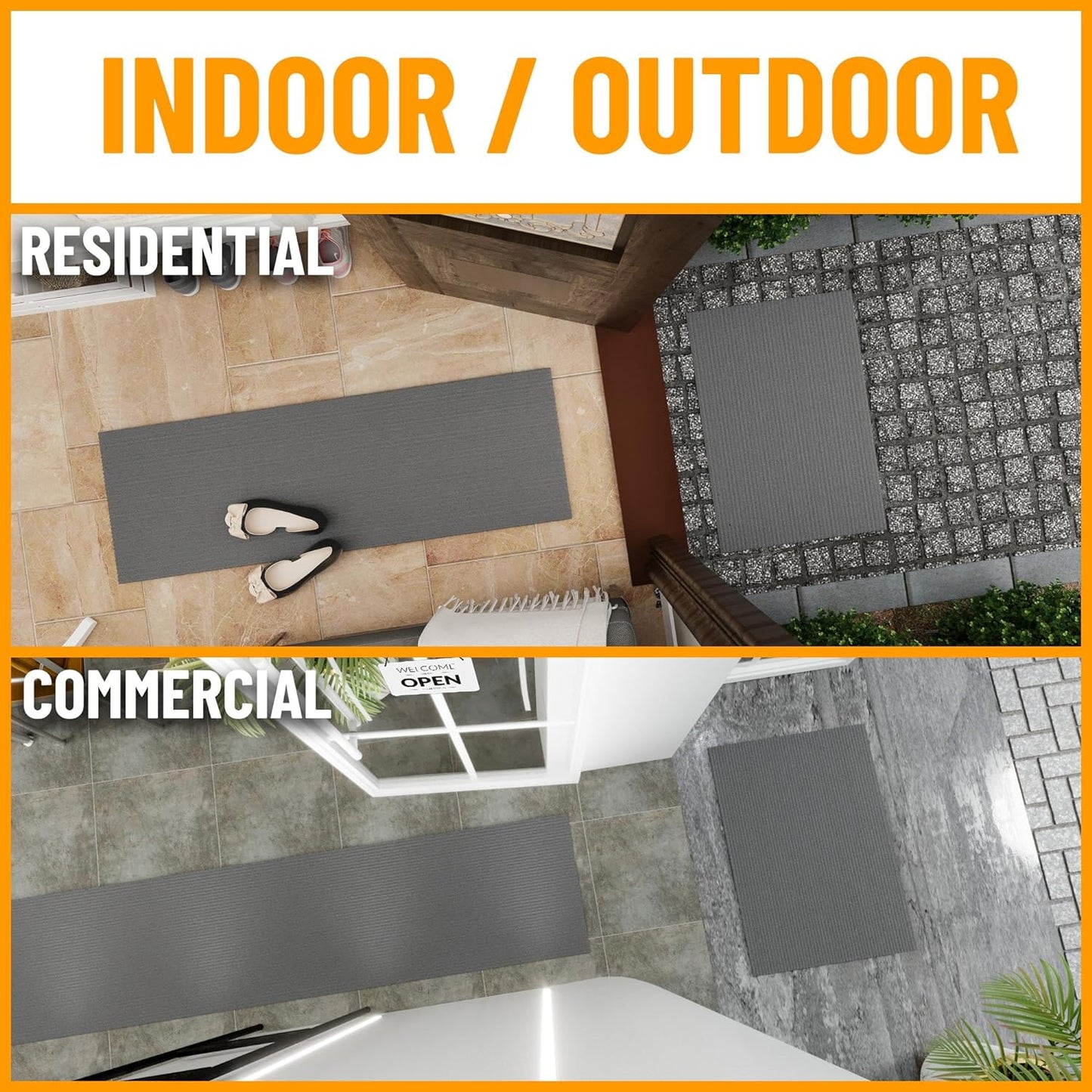 Ottomanson 6'6" x 30' Hallway Runner with Scraper Pile - Extra Durable Non-Slip Rug Mat for Indoor & Outdoor Use - Ideal for Kitchen, Entryway & Garage - High-Traffic Carpet, Gray