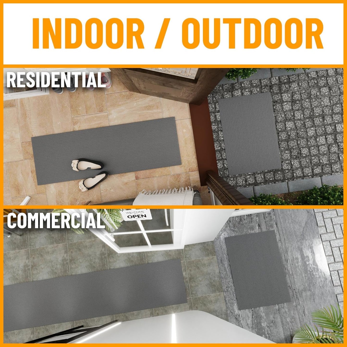 Ottomanson 2' x 18' Hallway Runner with Scraper Pile Extra Durable Non-Slip Rug Mat for Indoor & Outdoor Use - Ideal for Kitchen, Entryway, Patio & Garage - High-Traffic Carpet, Gray