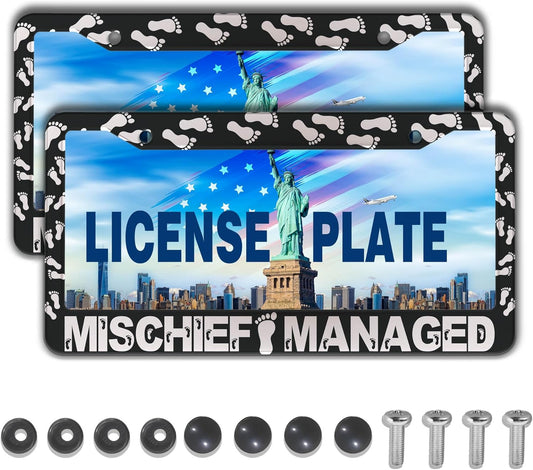 Automotive Exterior Accessories Black and White License Plate Frames Mischief Managed Universal Aluminum Car Accessory 2 Pack with Screw Covers Set