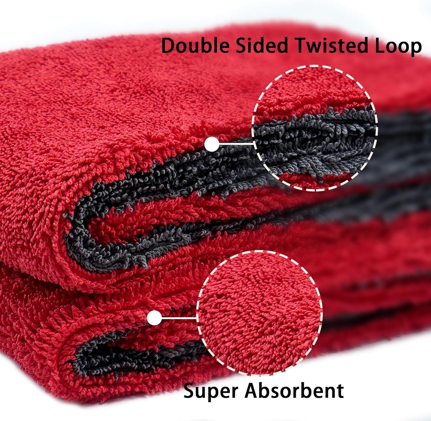LIVOS Car Drying Towel, Premium Microfiber Towels for Cars, 1000GSM, Edgeless Twisted Loop Design, No Streaks, Scratches, or Water Spot, Absorbent Wash Towel, 18" x 24" (Red&Grey)