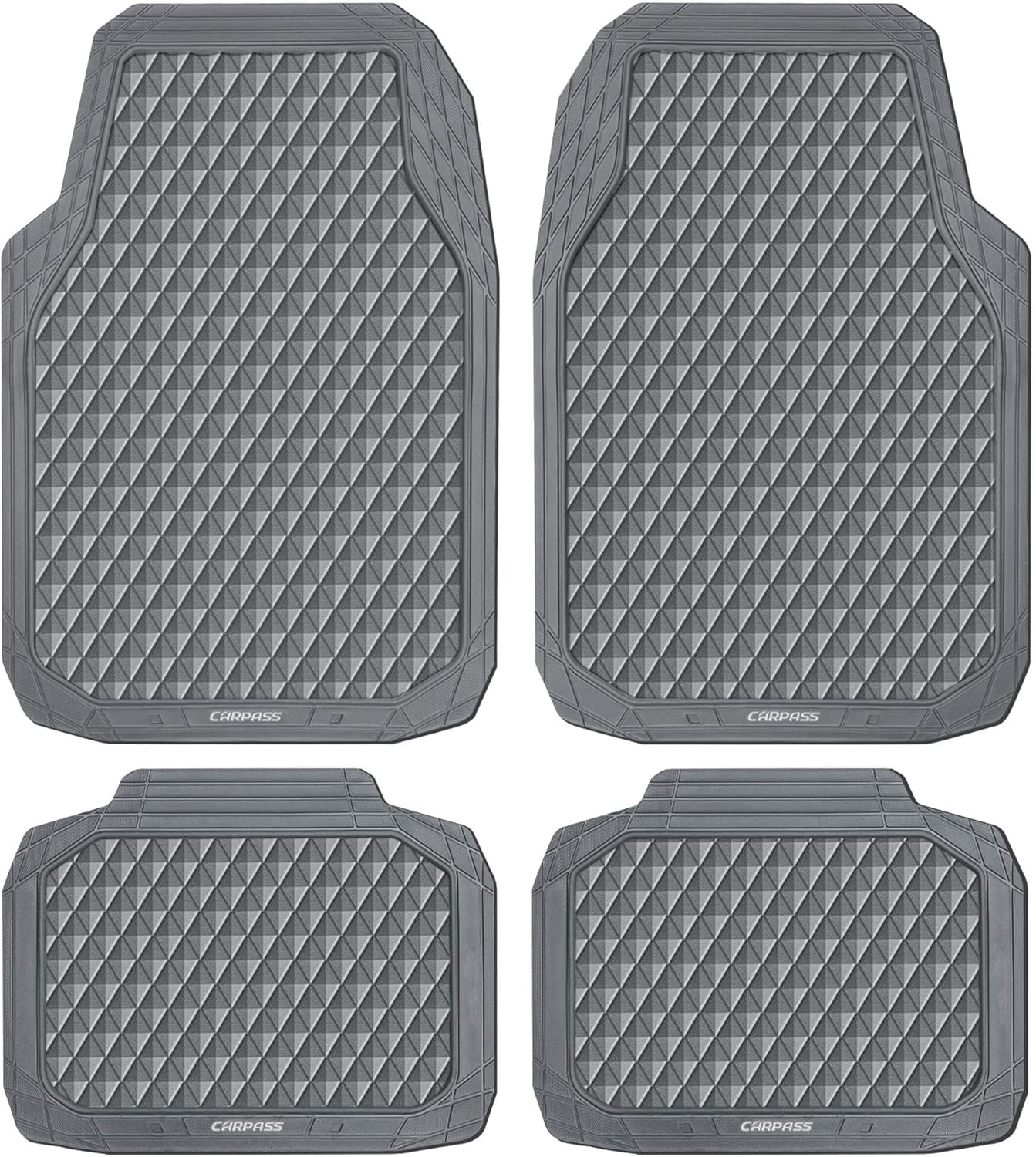 CAR PASS Gray Rubber Car Mats, All-Weather Floor Mats Full Set Durable Anti-Slip 3D Rhombus Waterproof Automotive Pad Trim to Fit Liner Universal Fit for Sedan SUV Truck Van, 4 Pcs All Gray Rubber