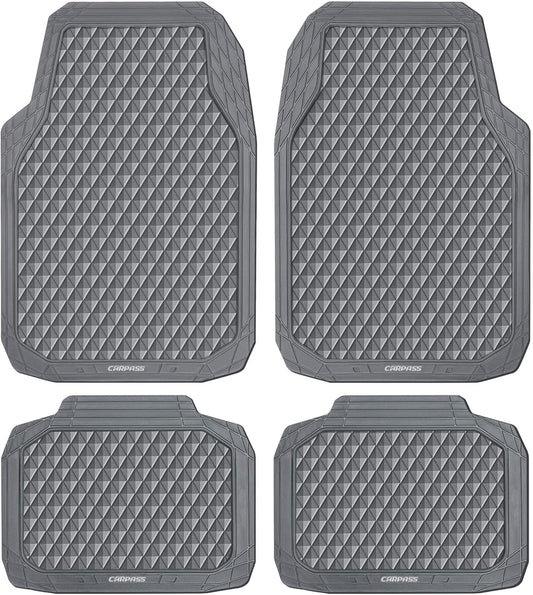 CAR PASS Gray Rubber Car Mats, All-Weather Floor Mats Full Set Durable Anti-Slip 3D Rhombus Waterproof Automotive Pad Trim to Fit Liner Universal Fit for Sedan SUV Truck Van, 4 Pcs All Gray Rubber
