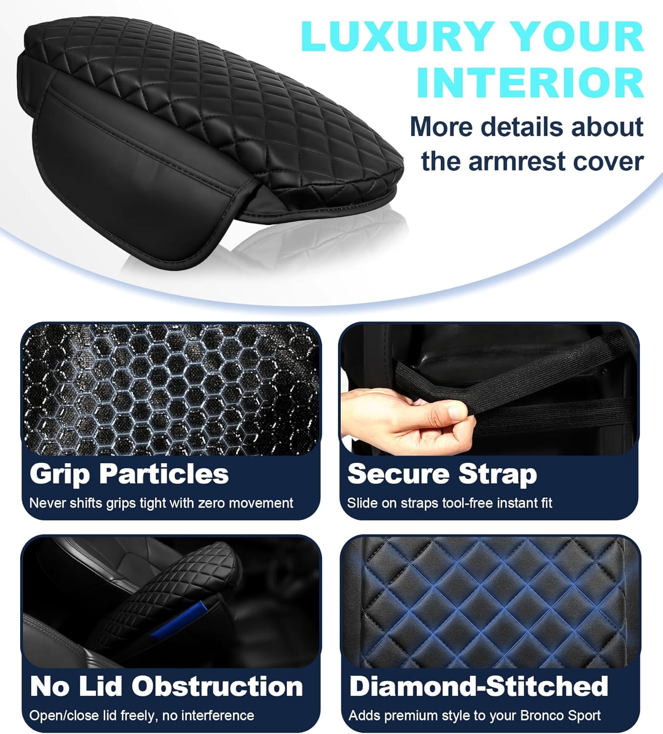 Armrest Cover for Ford Bronco Sport 2021-2025 Center Console Pad with Organizer Storage Pockets, Black Faux Leather Arm Rest Lid Protector Cushion Interior Accessories 2/4 Door(for Bronco Sport)