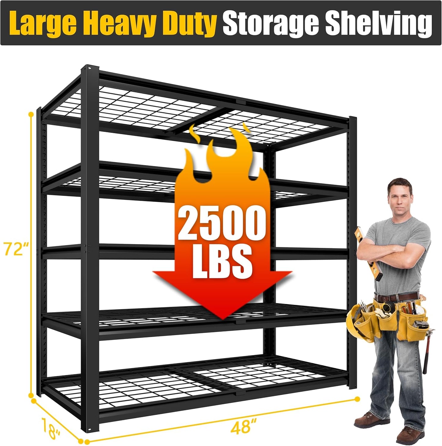 PrimeZone 72" H X 48" W X 18" D Heavy Duty Garage Shelving 5 Tier 2500 LBS Storage Shelves Adjustable Industrial Metal Wire Shelf Unit for Garage,Basement,Pantry,Warehouse,Commercial